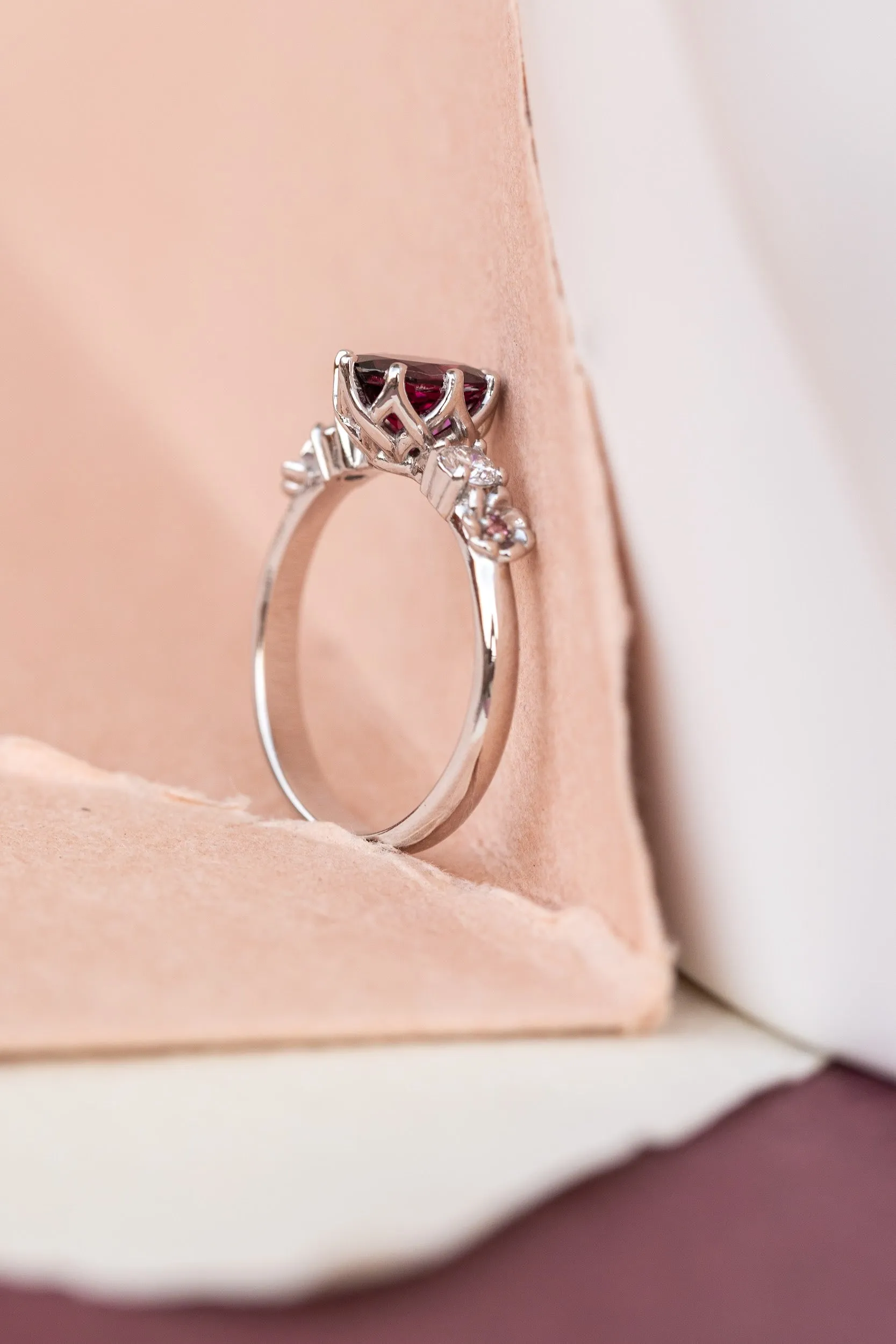 Rhodolite garnet engagement ring, white gold flower ring with diamonds and tourmalines / Fiorella