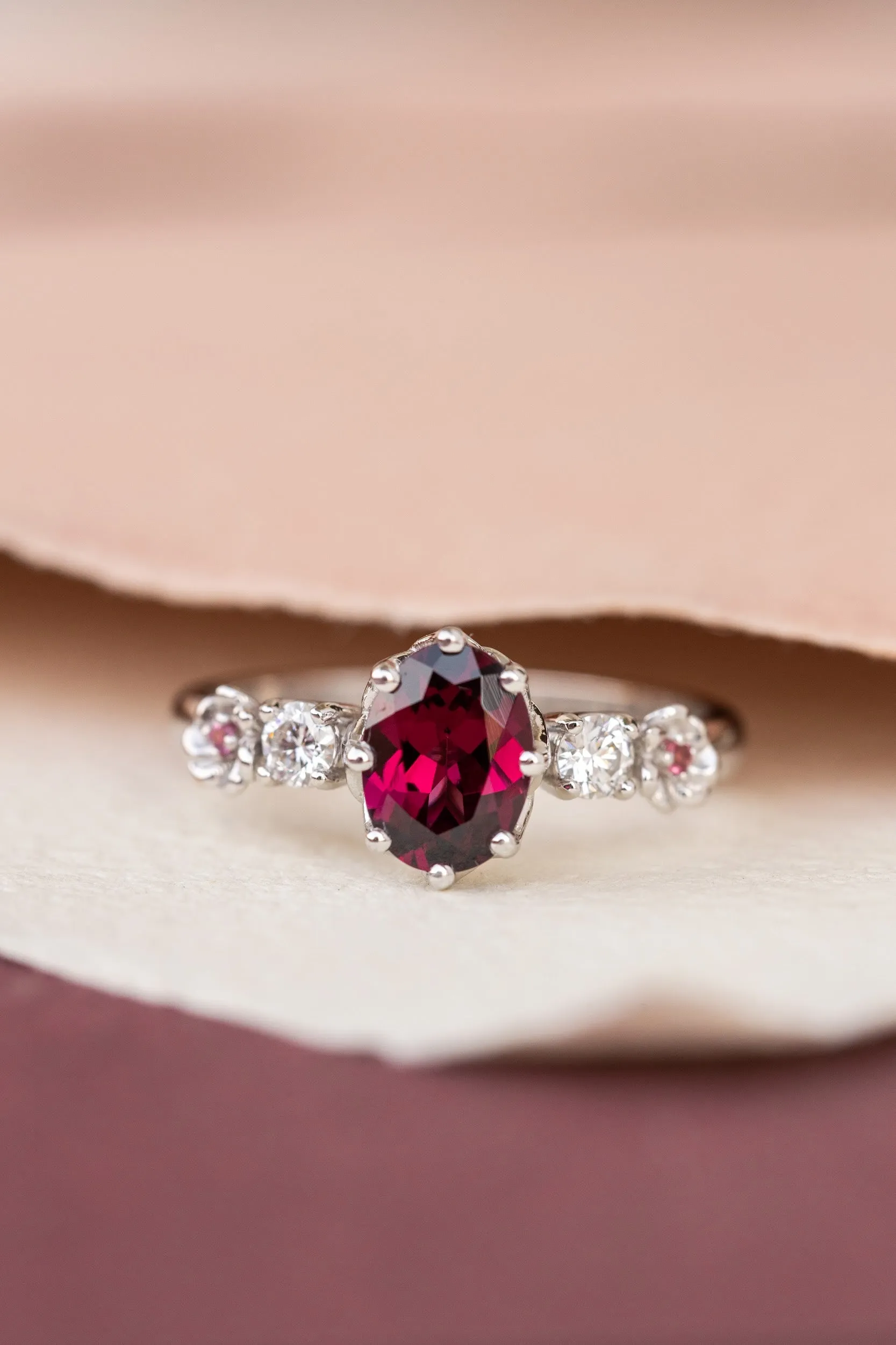 Rhodolite garnet engagement ring, white gold flower ring with diamonds and tourmalines / Fiorella