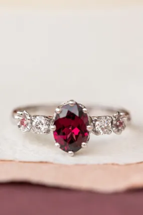 Rhodolite garnet engagement ring, white gold flower ring with diamonds and tourmalines / Fiorella