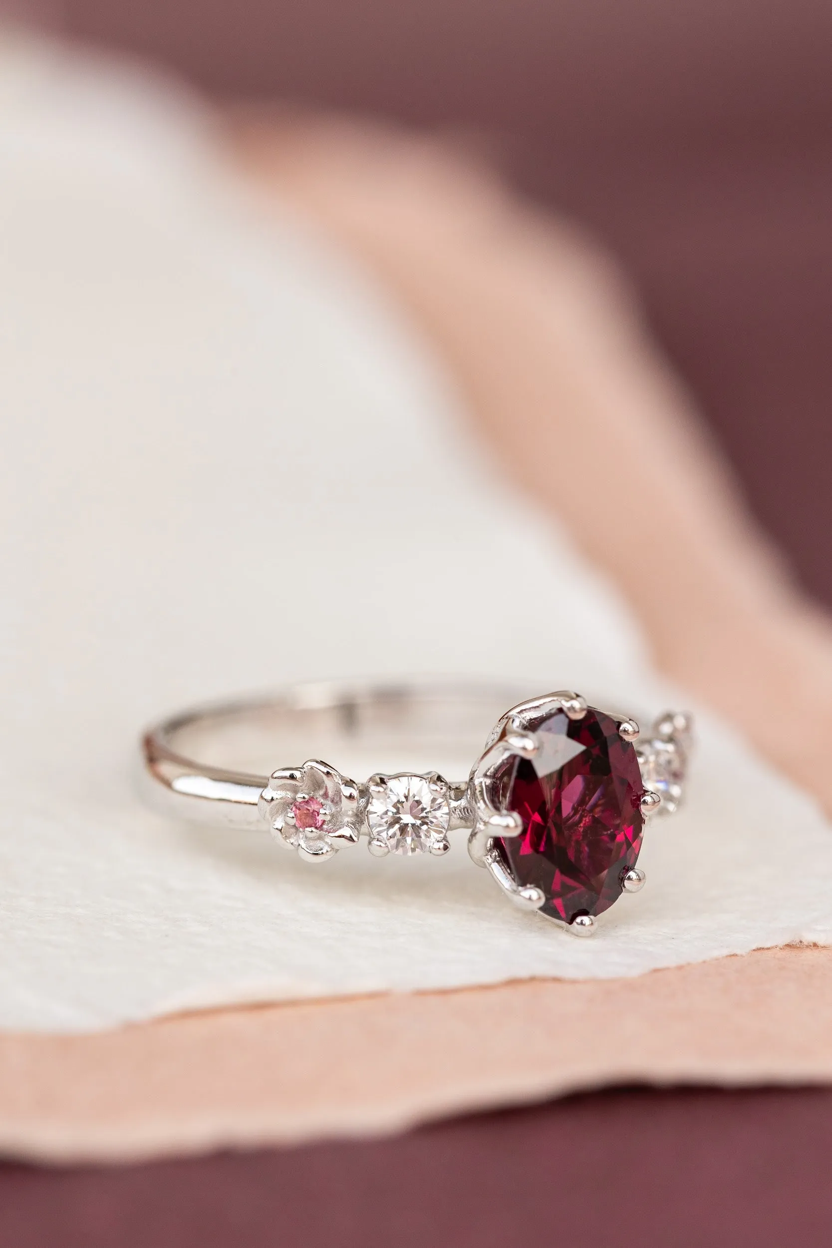 Rhodolite garnet engagement ring, white gold flower ring with diamonds and tourmalines / Fiorella