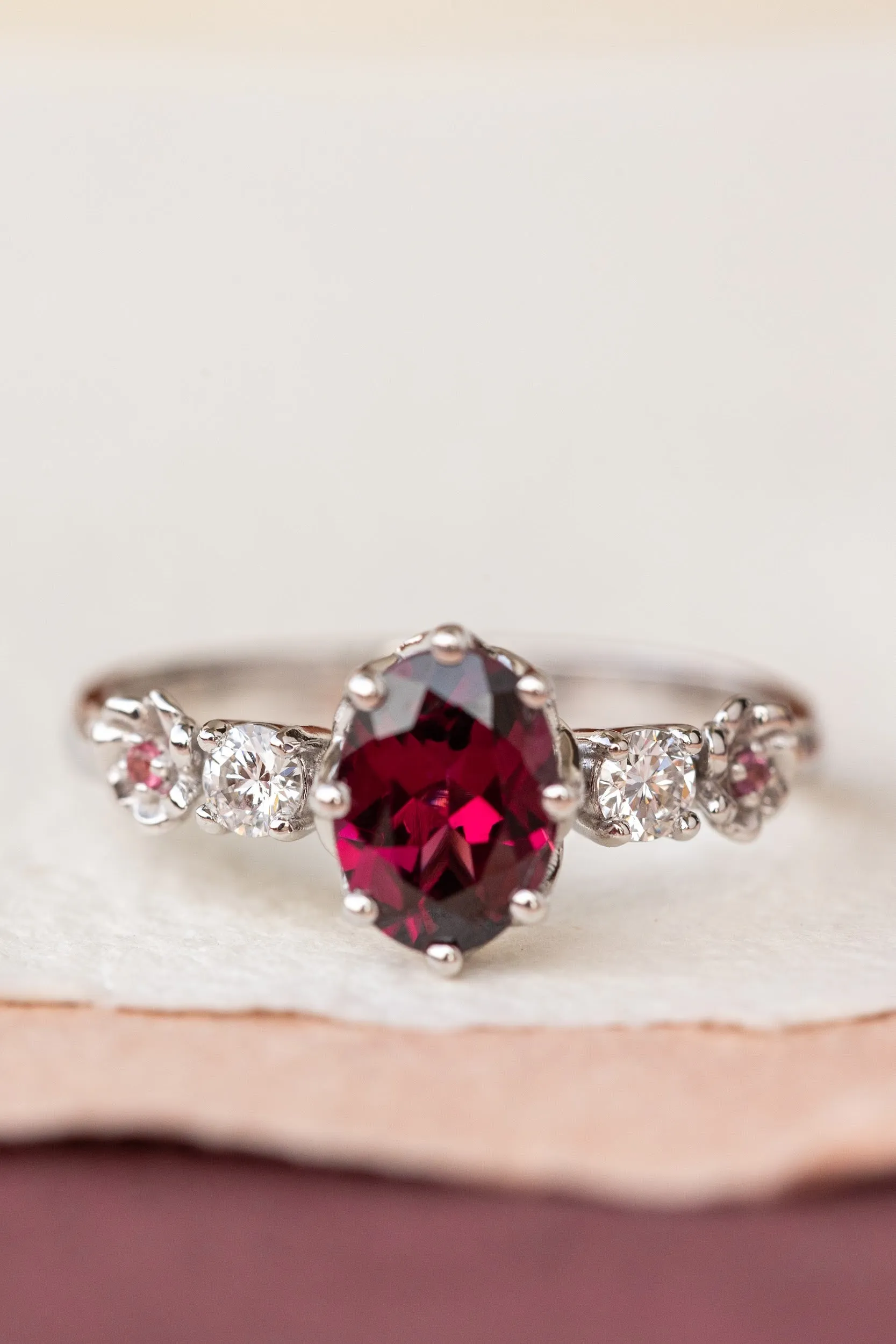 Rhodolite garnet engagement ring, white gold flower ring with diamonds and tourmalines / Fiorella