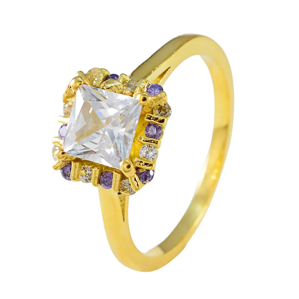 Riyo Elegant Silver Ring With Yellow Gold Plating Amethyst Stone square Shape Prong Setting Handamde Jewelry Wedding Ring