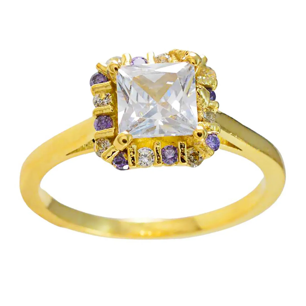 Riyo Elegant Silver Ring With Yellow Gold Plating Amethyst Stone square Shape Prong Setting Handamde Jewelry Wedding Ring