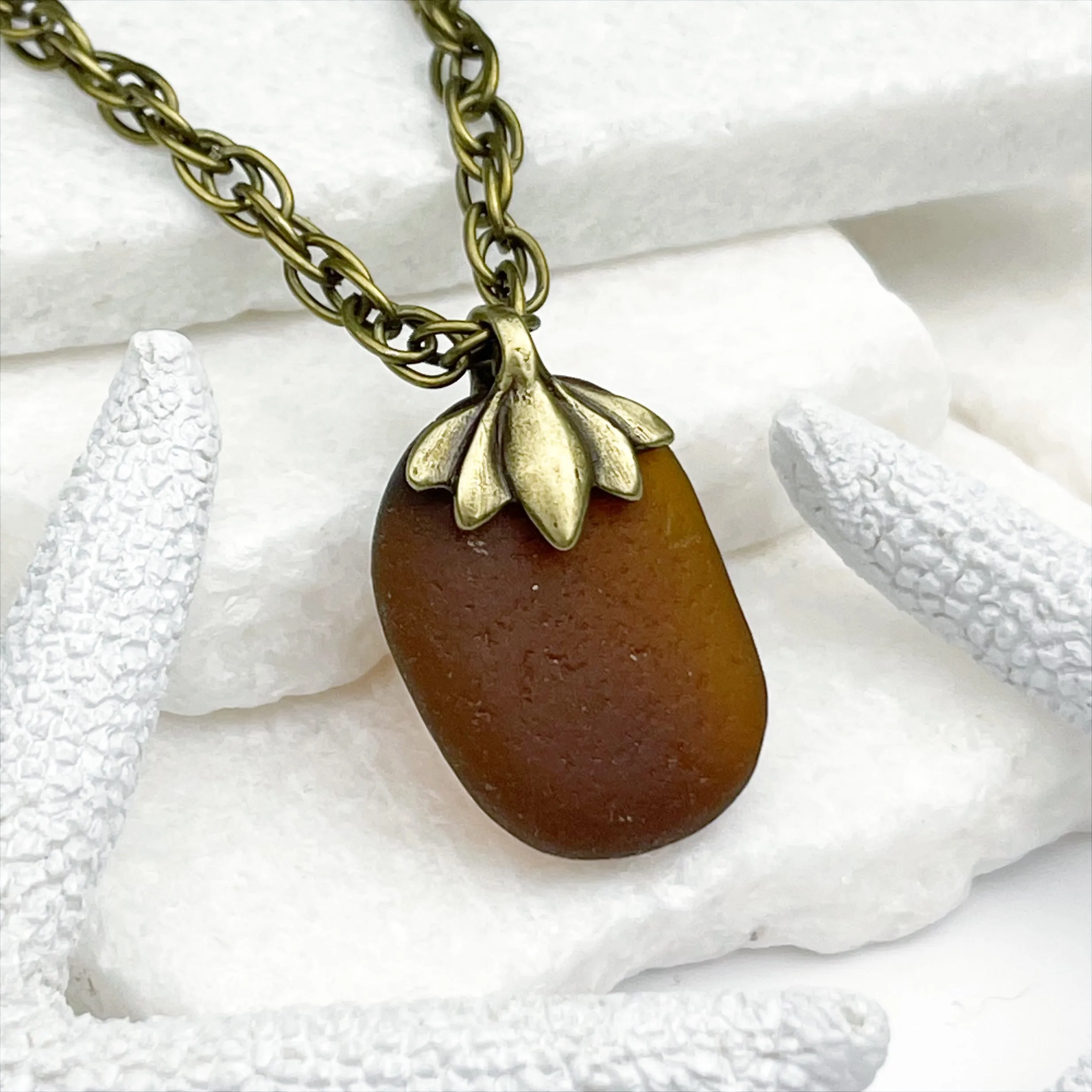 Rootbeer Bottle Bottom Sea Glass with a Bronze Decorative Bail | #5054