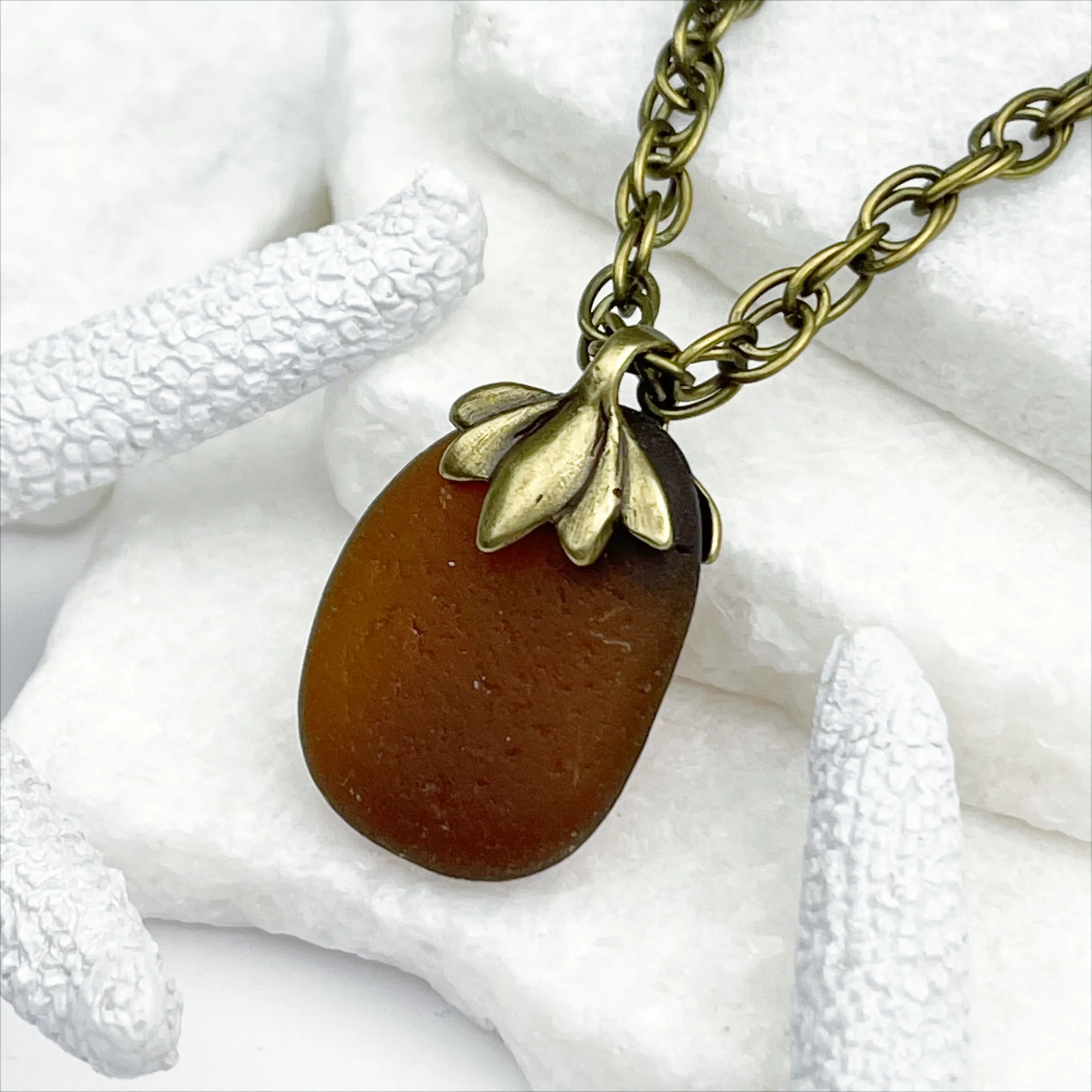 Rootbeer Bottle Bottom Sea Glass with a Bronze Decorative Bail | #5054