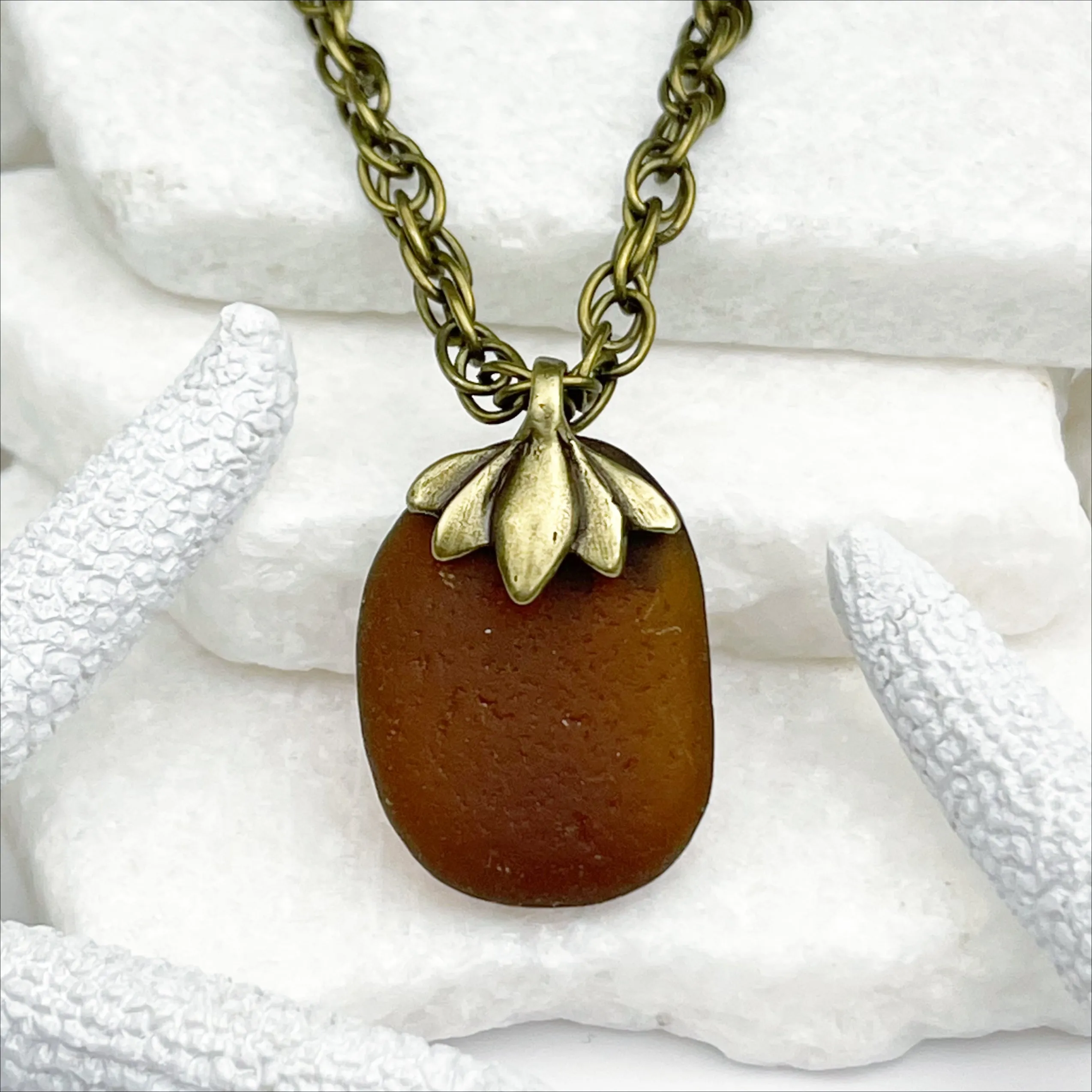 Rootbeer Bottle Bottom Sea Glass with a Bronze Decorative Bail | #5054