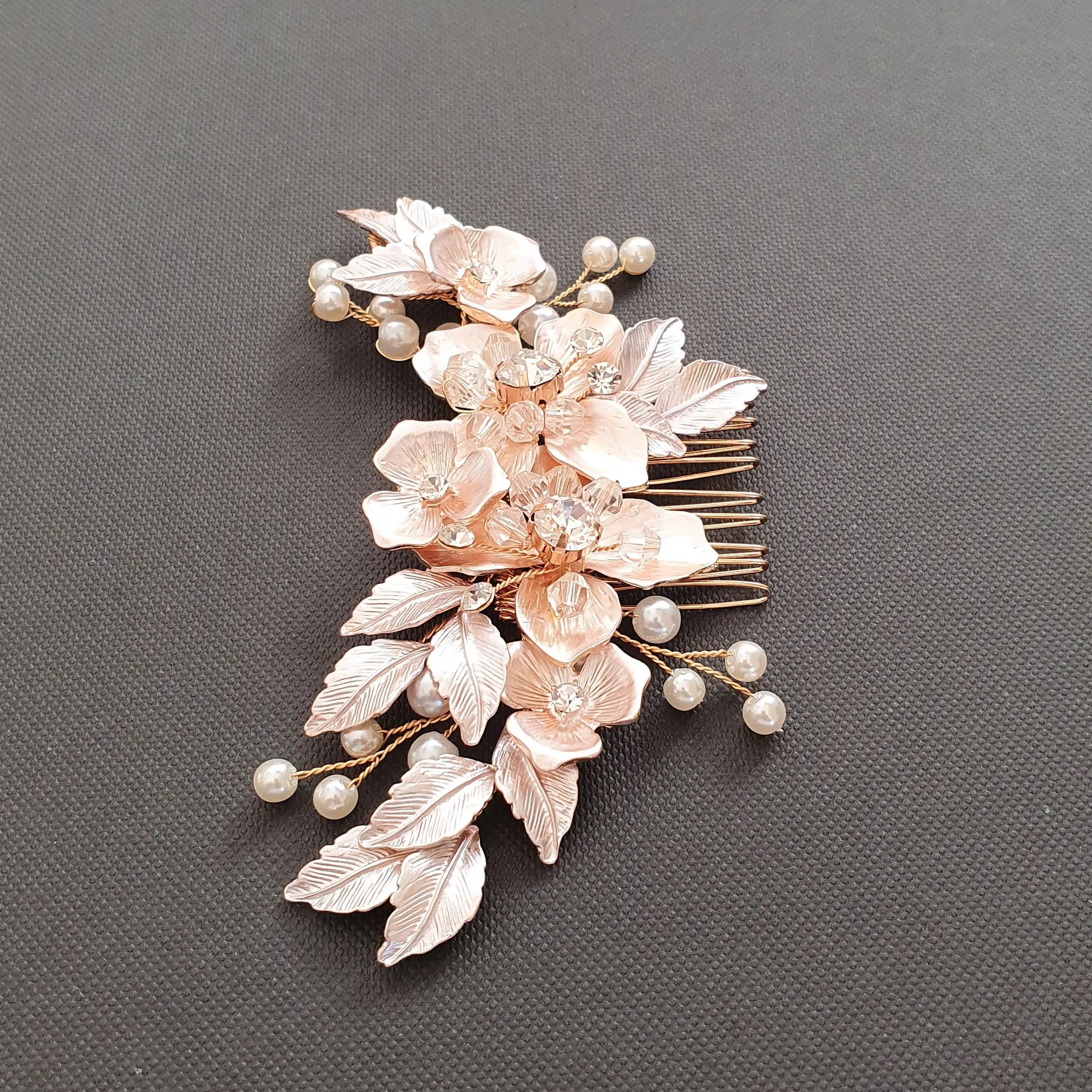 Rose Gold Flower and Leaf Hair Comb for Weddings- Azalea