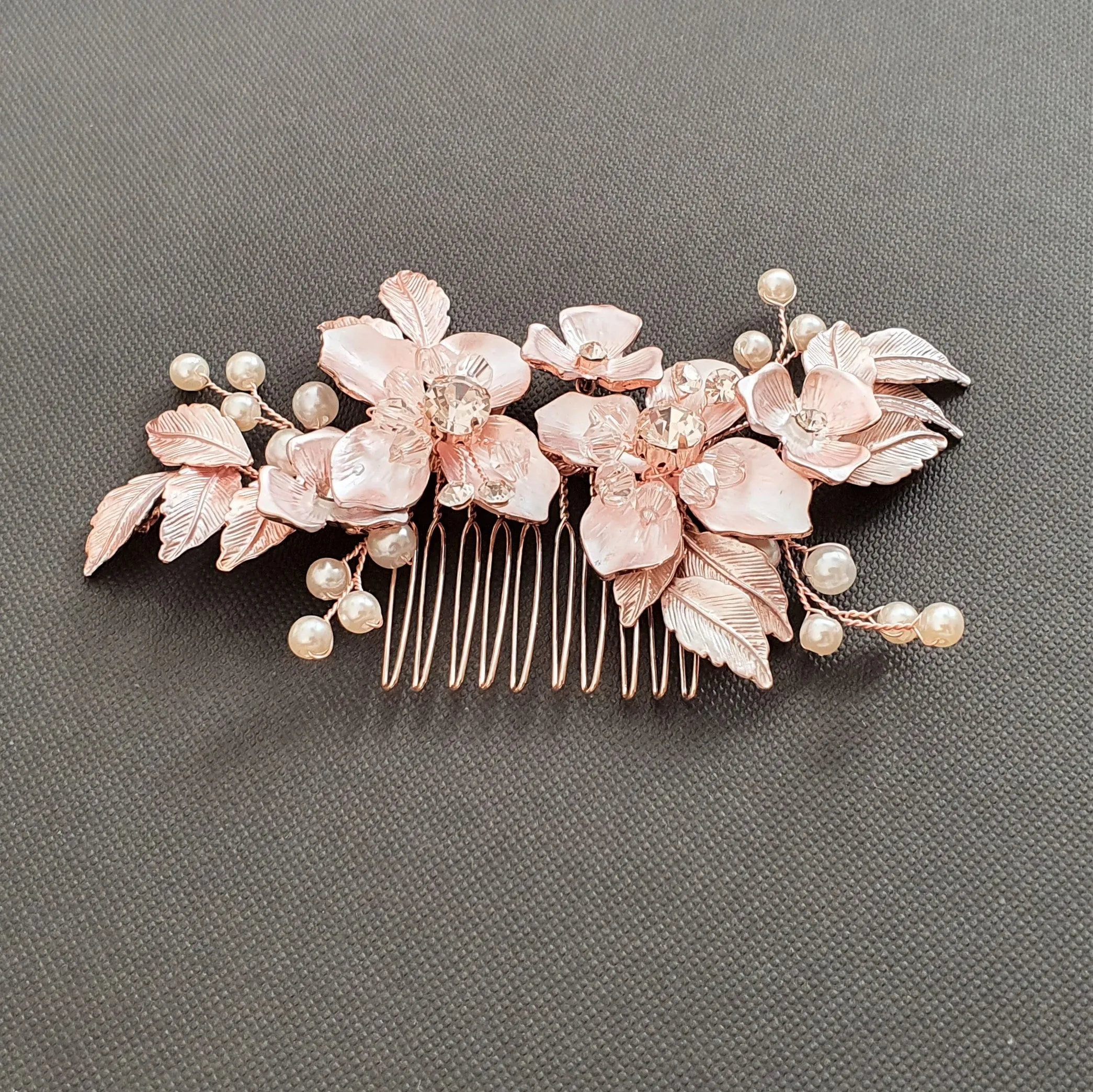 Rose Gold Flower and Leaf Hair Comb for Weddings- Azalea