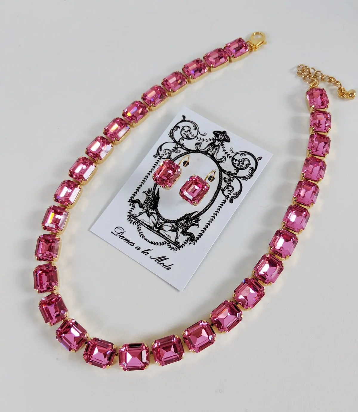 Rose Pink Topaz Crystal Collet Necklace - Small Octagon