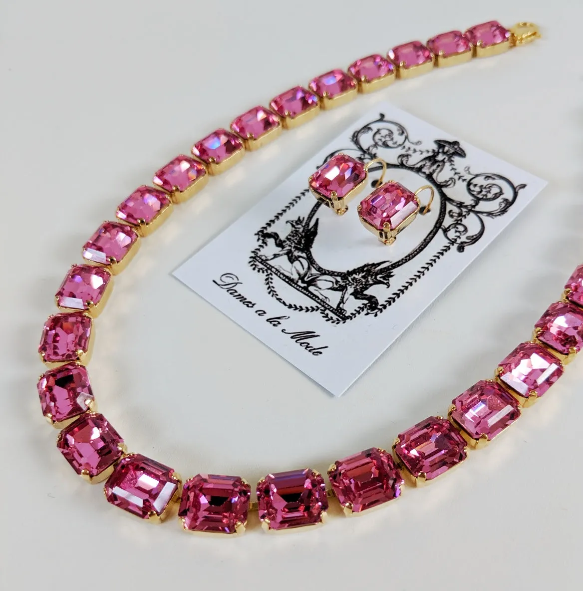 Rose Pink Topaz Crystal Collet Necklace - Small Octagon