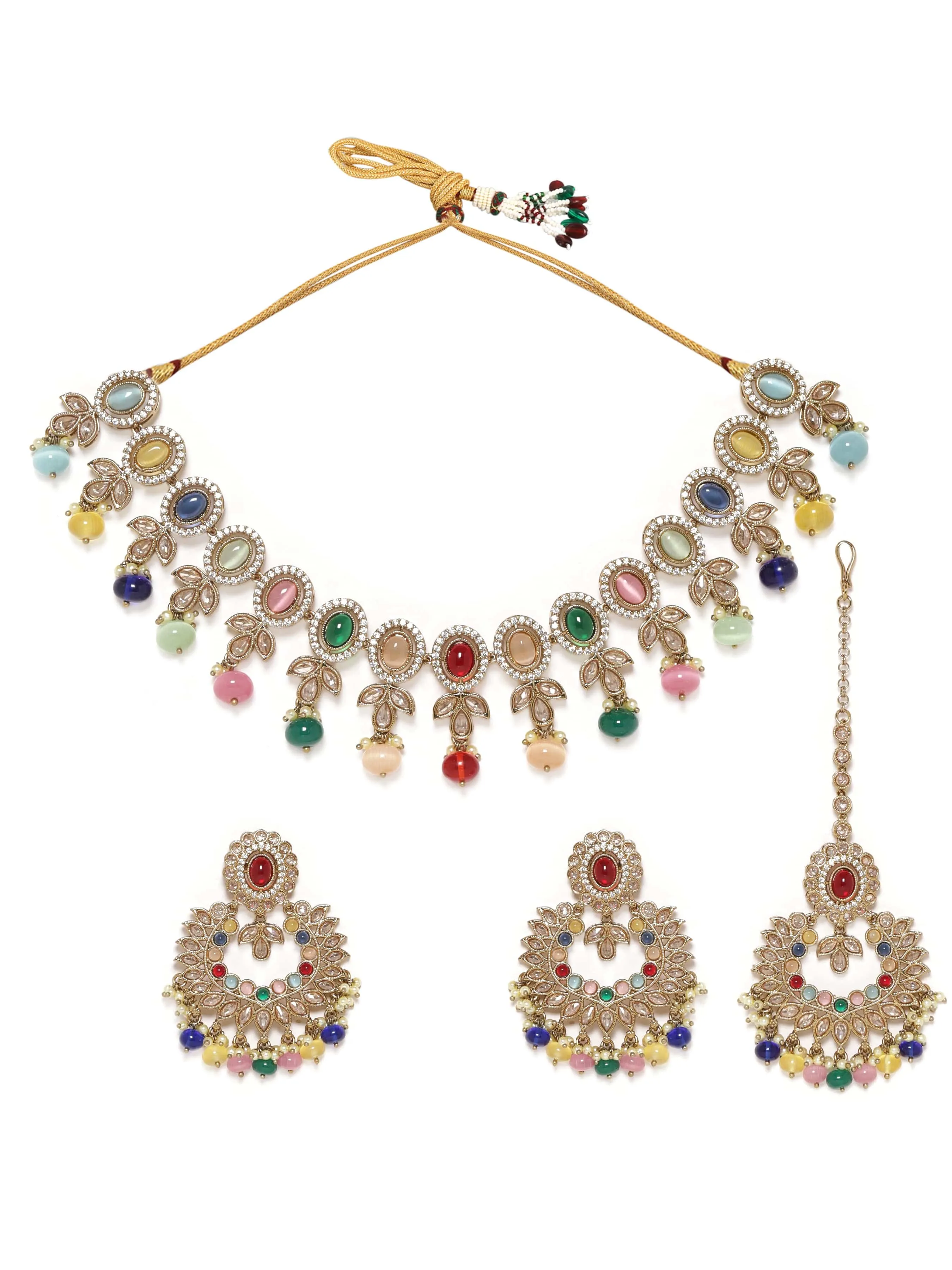 Rubans 22K Mehndi gold plated Multicolor & Reverse AD Studded Choker Set