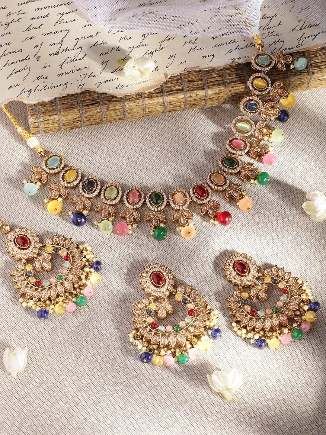 Rubans 22K Mehndi gold plated Multicolor & Reverse AD Studded Choker Set