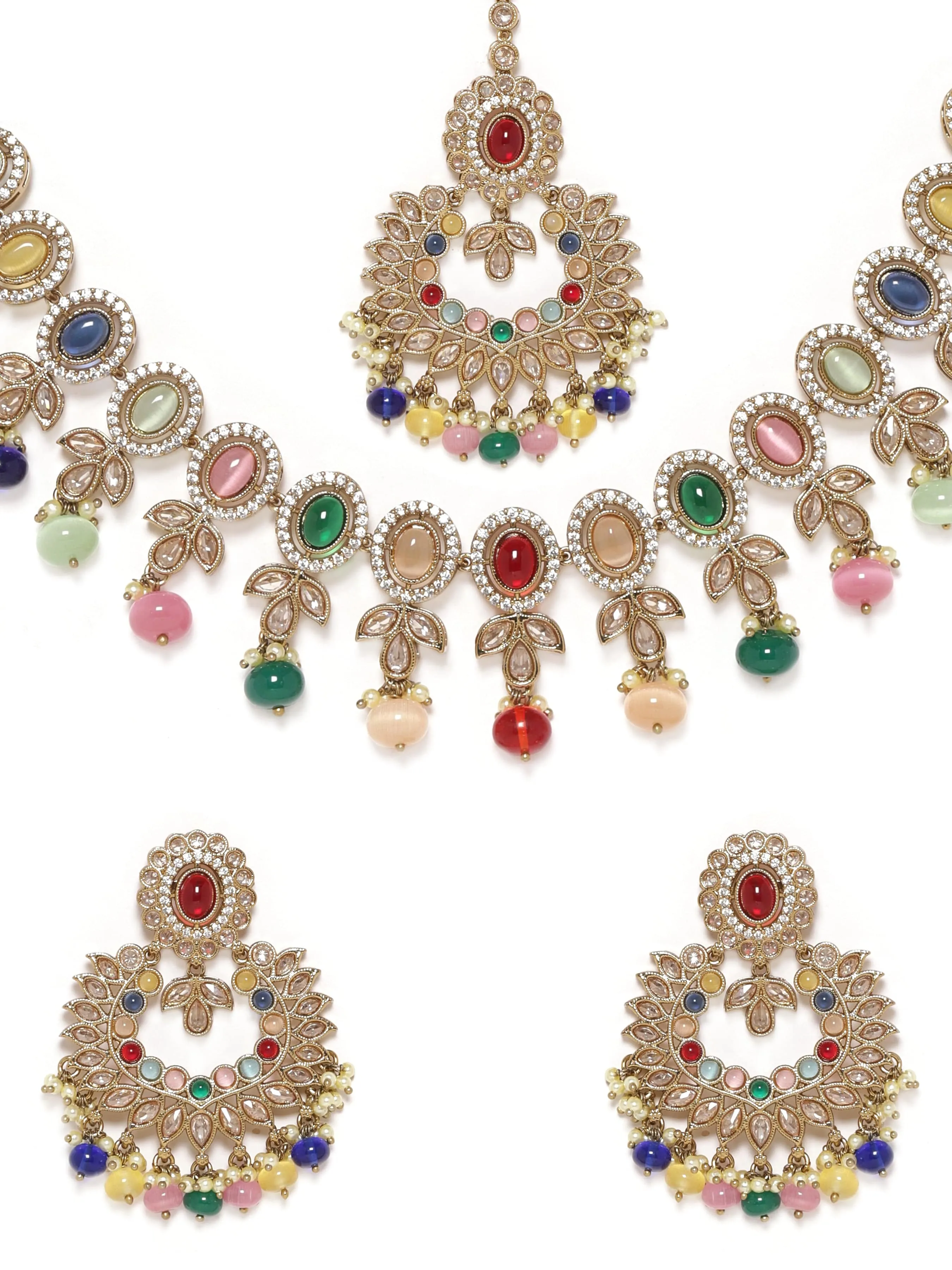 Rubans 22K Mehndi gold plated Multicolor & Reverse AD Studded Choker Set