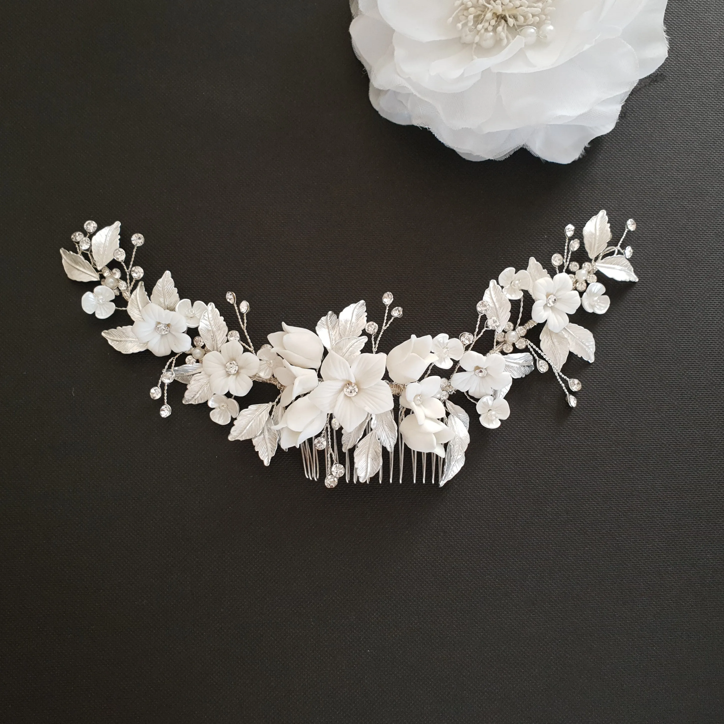 Silver Foral Hair Comb for Brides -Daffodil