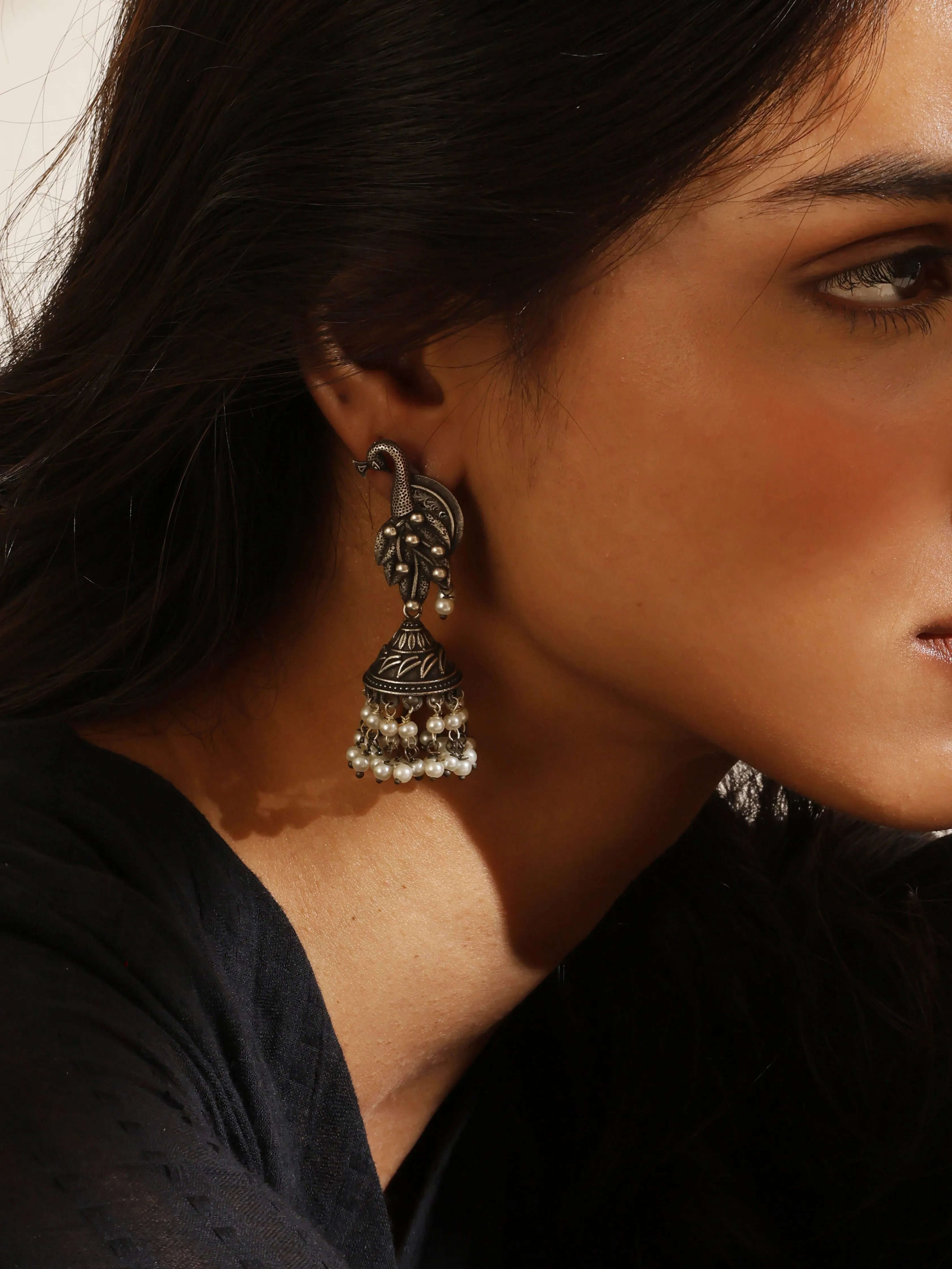 Silver-Plated Peacock Jhumka Earrings