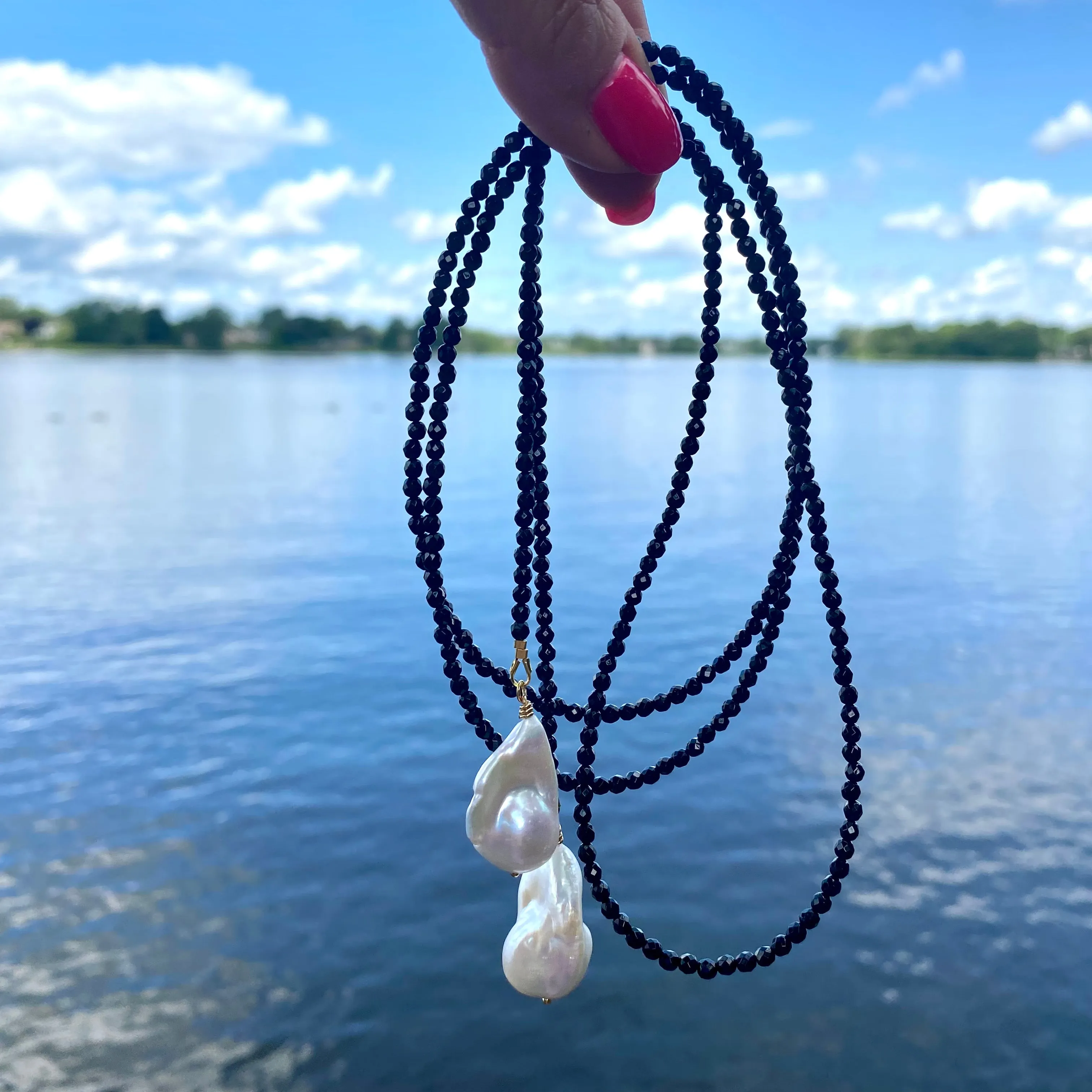 Single Strand of Black Onyx Beads & Two Baroque Pearl Lariat Wrap Necklace, 46inches