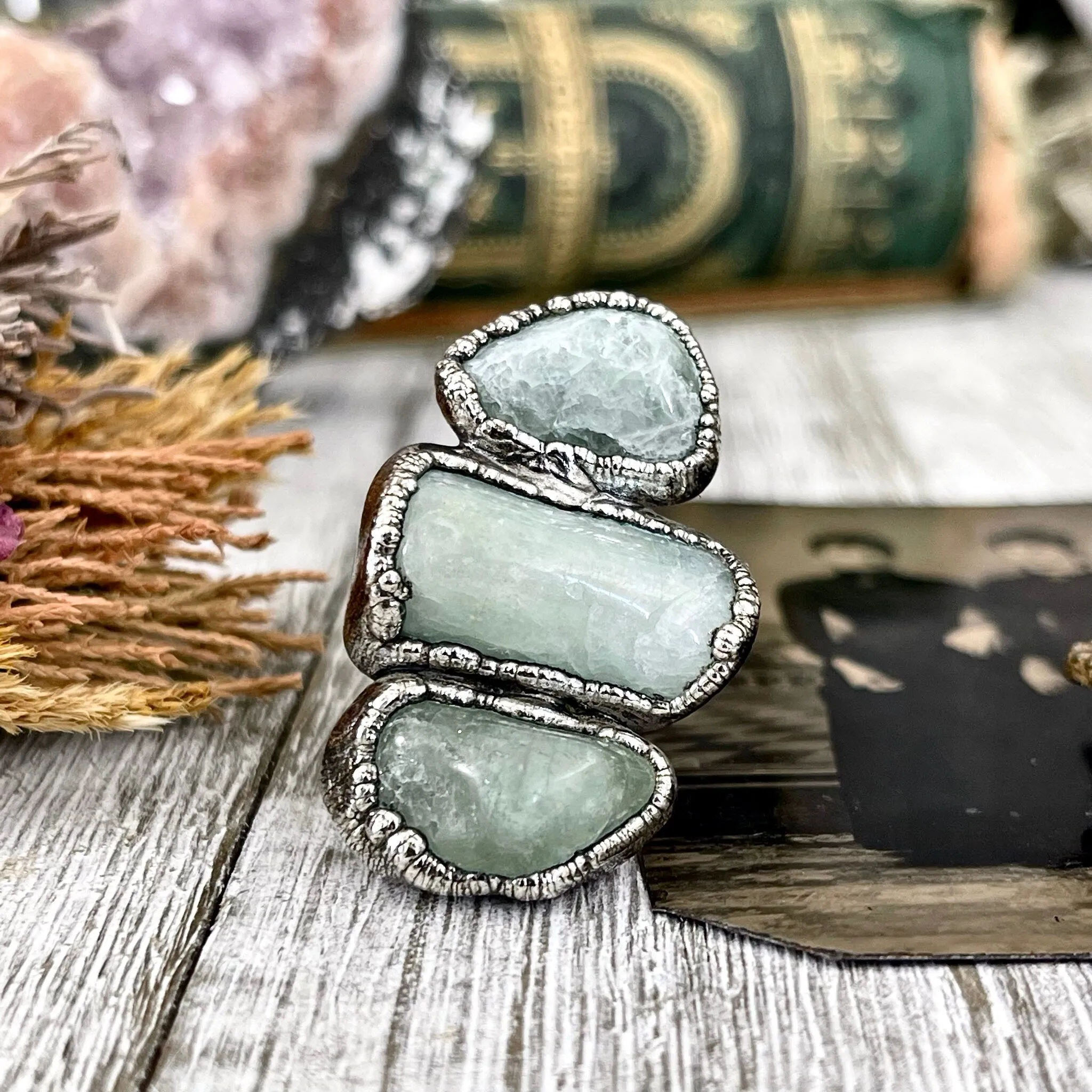 Size 7 Crystal Ring - Three Stone Ring Aquamarine Raw Ring In Silver / Foxlark Collection - One of a Kind