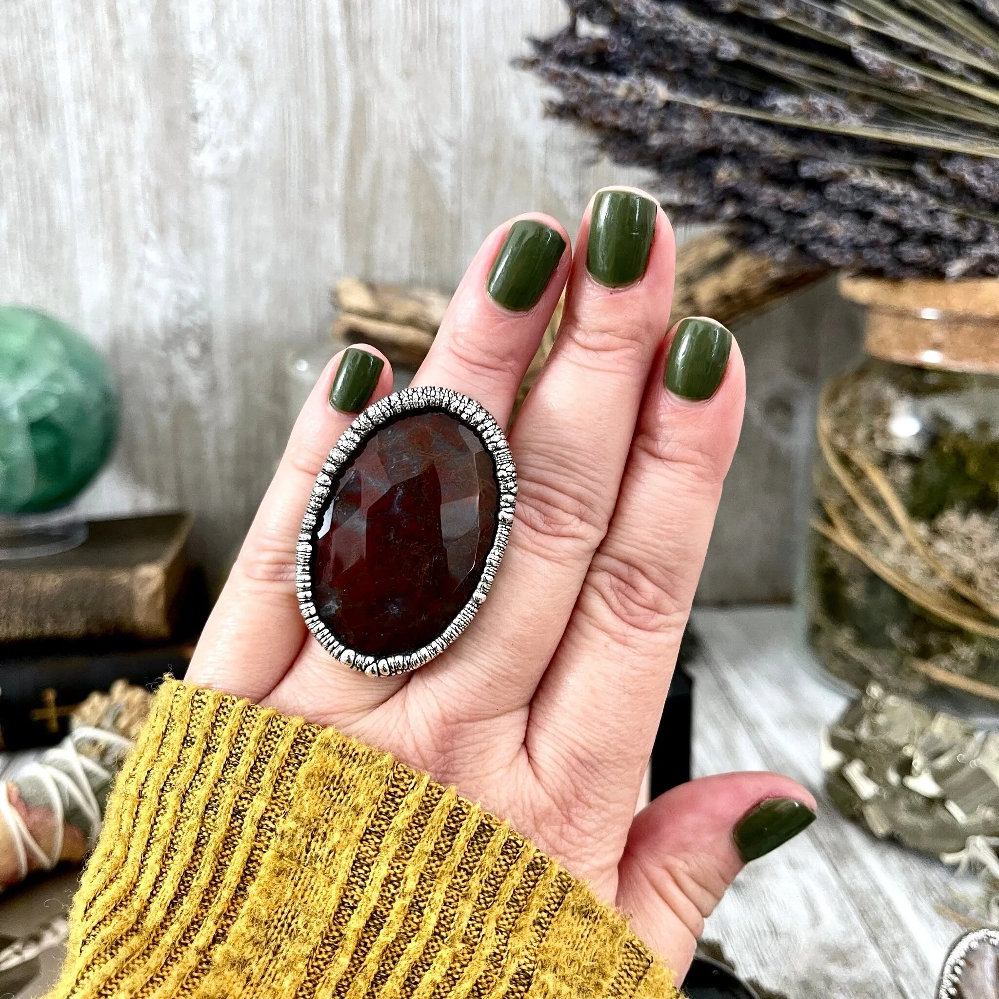 Size 7 Silver Natural Fancy Moss Agate Crystal Statement Ring / Foxlark Collection - One of a Kind