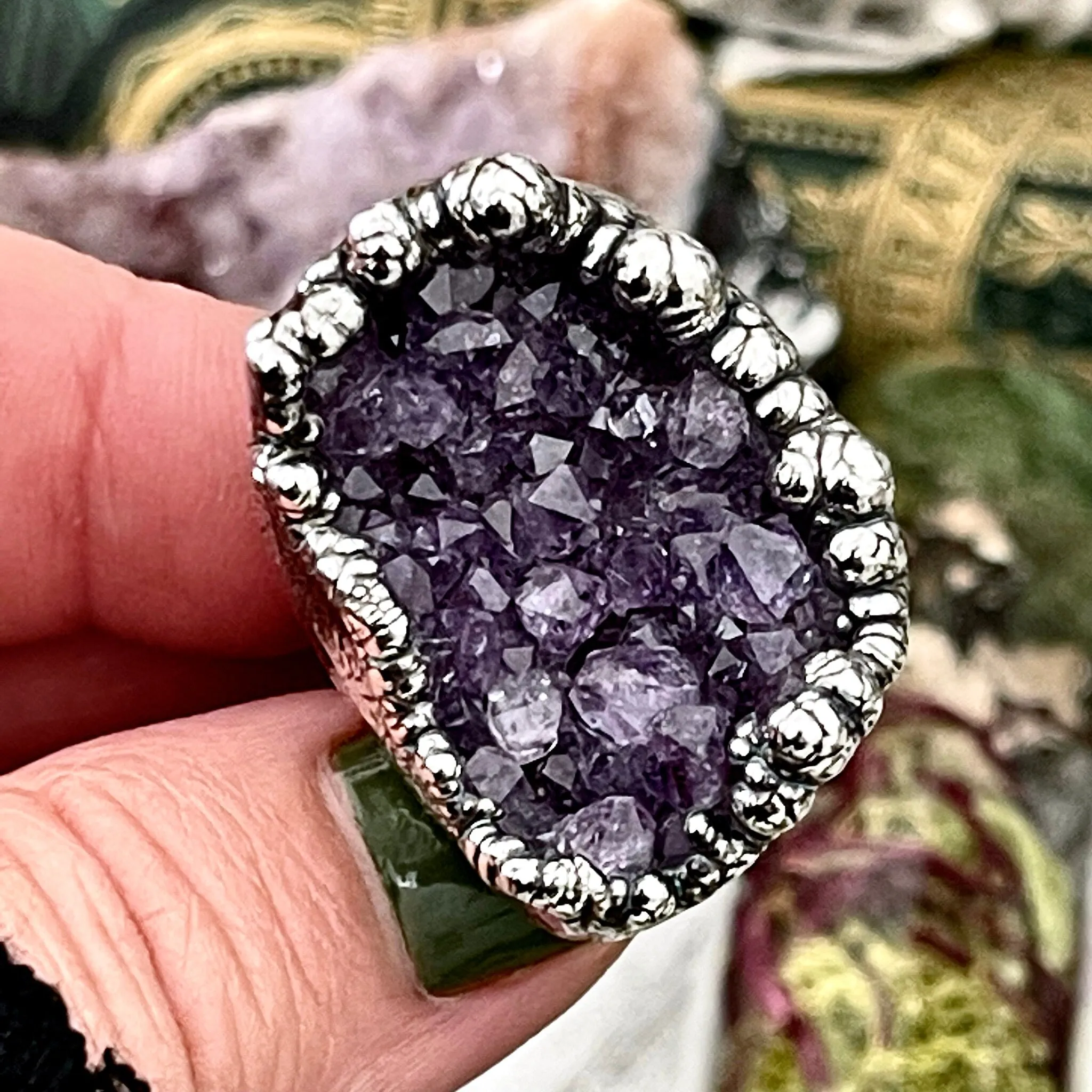 Size 8 Big Raw Amethyst Purple Crystal Ring in Fine Silver / Foxlark Collection - One of a Kind