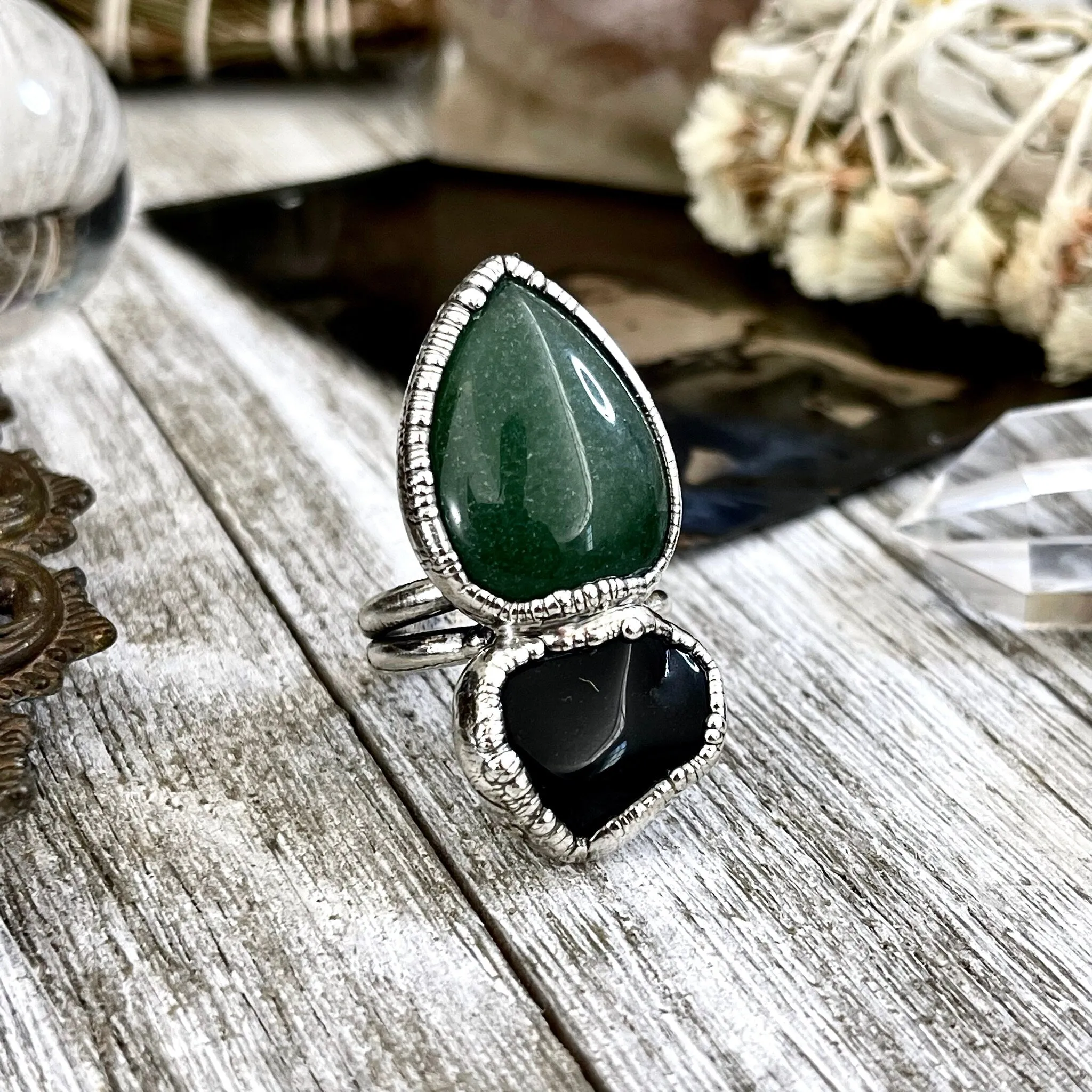 Size 8.5 Two Stone Ring- Black Onyx Green Aventurine Crystal Ring Fine Silver / Foxlark Collection - One of a Kind