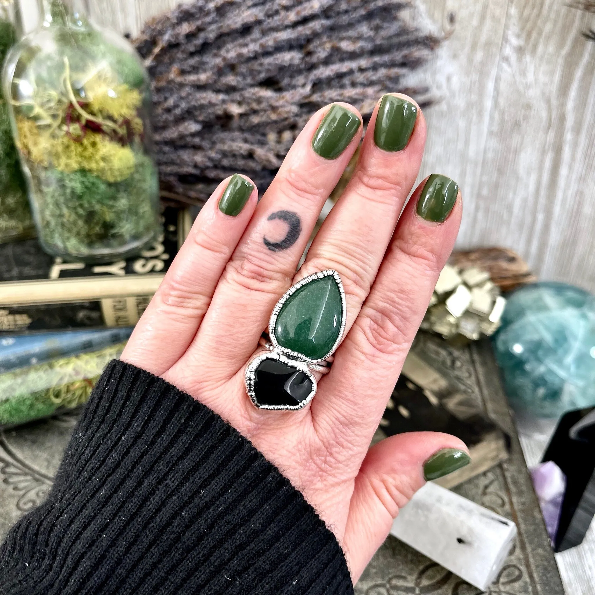 Size 8.5 Two Stone Ring- Black Onyx Green Aventurine Crystal Ring Fine Silver / Foxlark Collection - One of a Kind