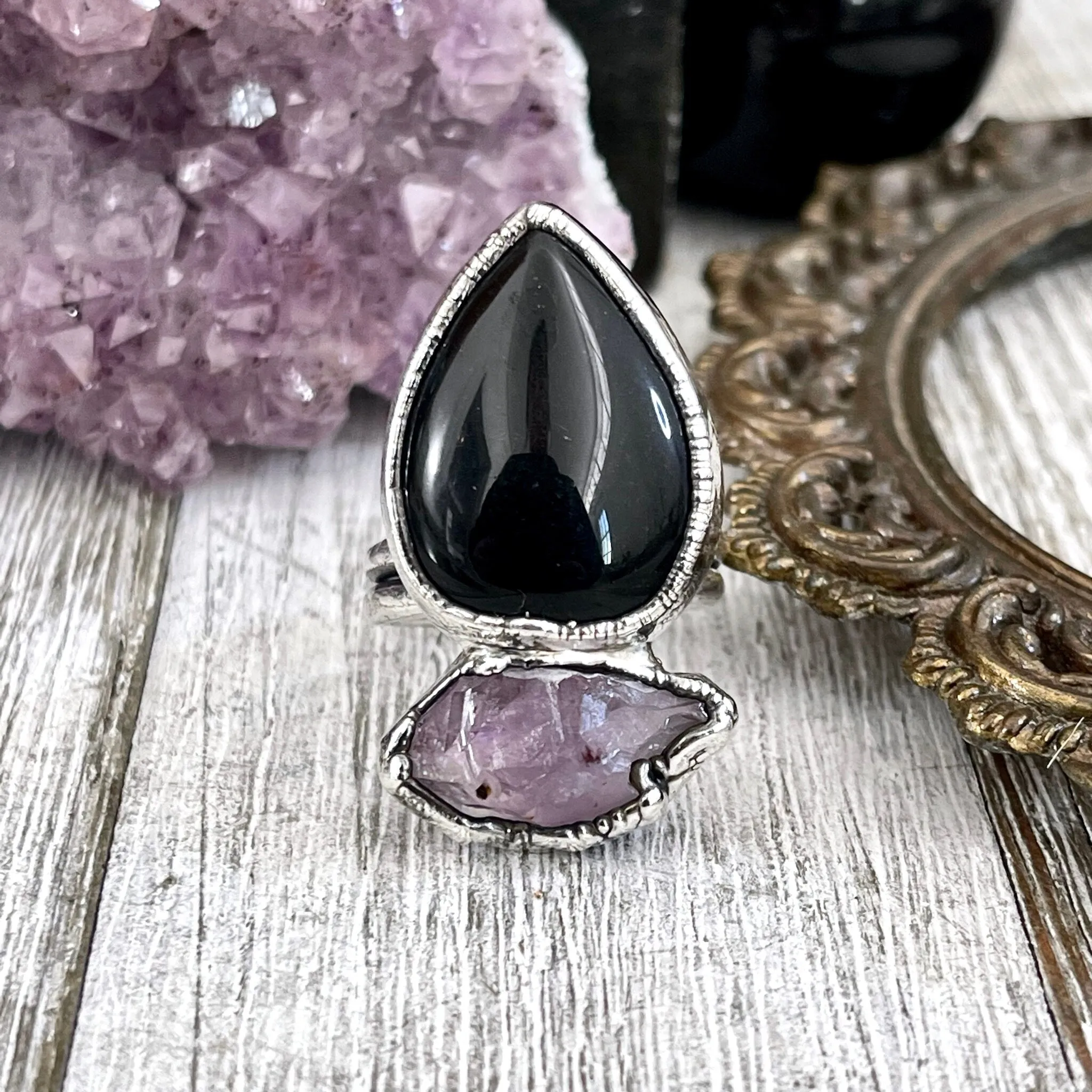 Size 8.5 Two Stone Ring- Black Onyx Purple Raw Amethyst Crystal Ring Fine Silver / Foxlark Collection - One of a Kind