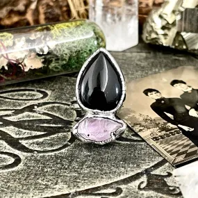 Size 8.5 Two Stone Ring- Black Onyx Purple Raw Amethyst Crystal Ring Fine Silver / Foxlark Collection - One of a Kind