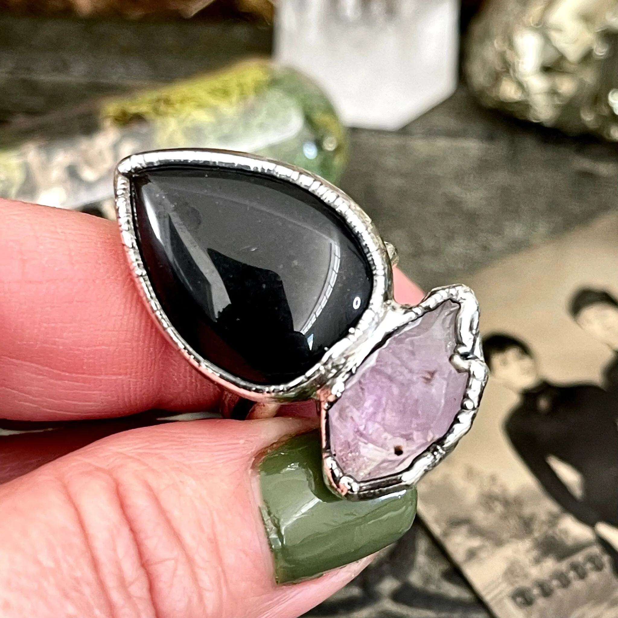 Size 8.5 Two Stone Ring- Black Onyx Purple Raw Amethyst Crystal Ring Fine Silver / Foxlark Collection - One of a Kind