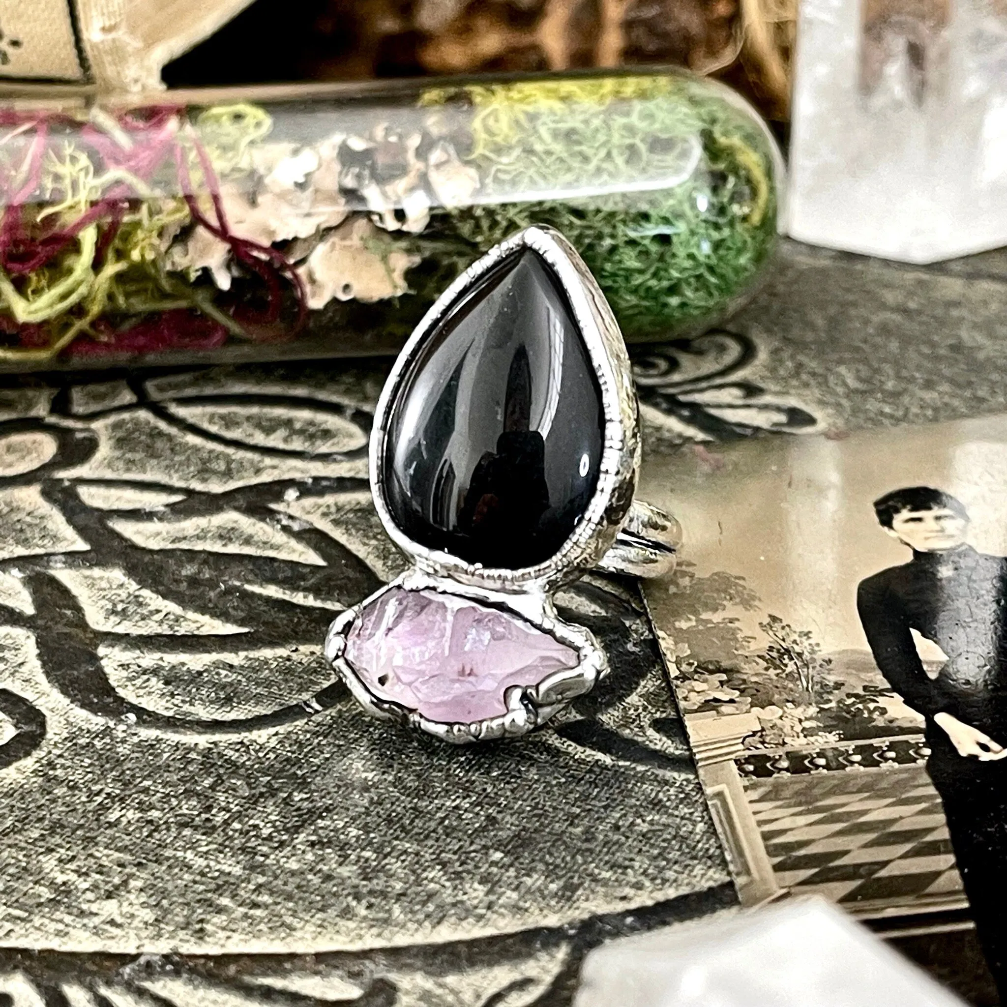 Size 8.5 Two Stone Ring- Black Onyx Purple Raw Amethyst Crystal Ring Fine Silver / Foxlark Collection - One of a Kind