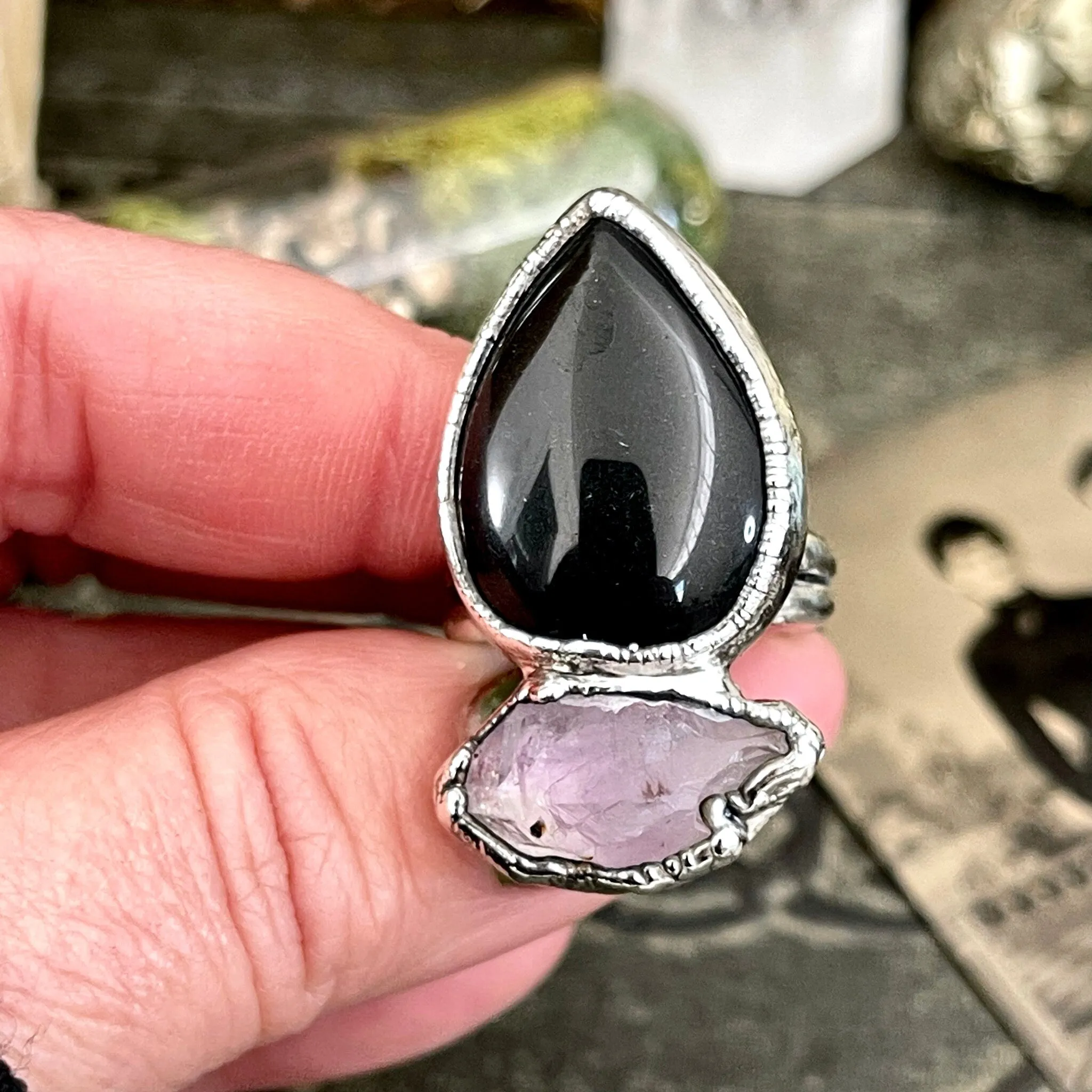 Size 8.5 Two Stone Ring- Black Onyx Purple Raw Amethyst Crystal Ring Fine Silver / Foxlark Collection - One of a Kind