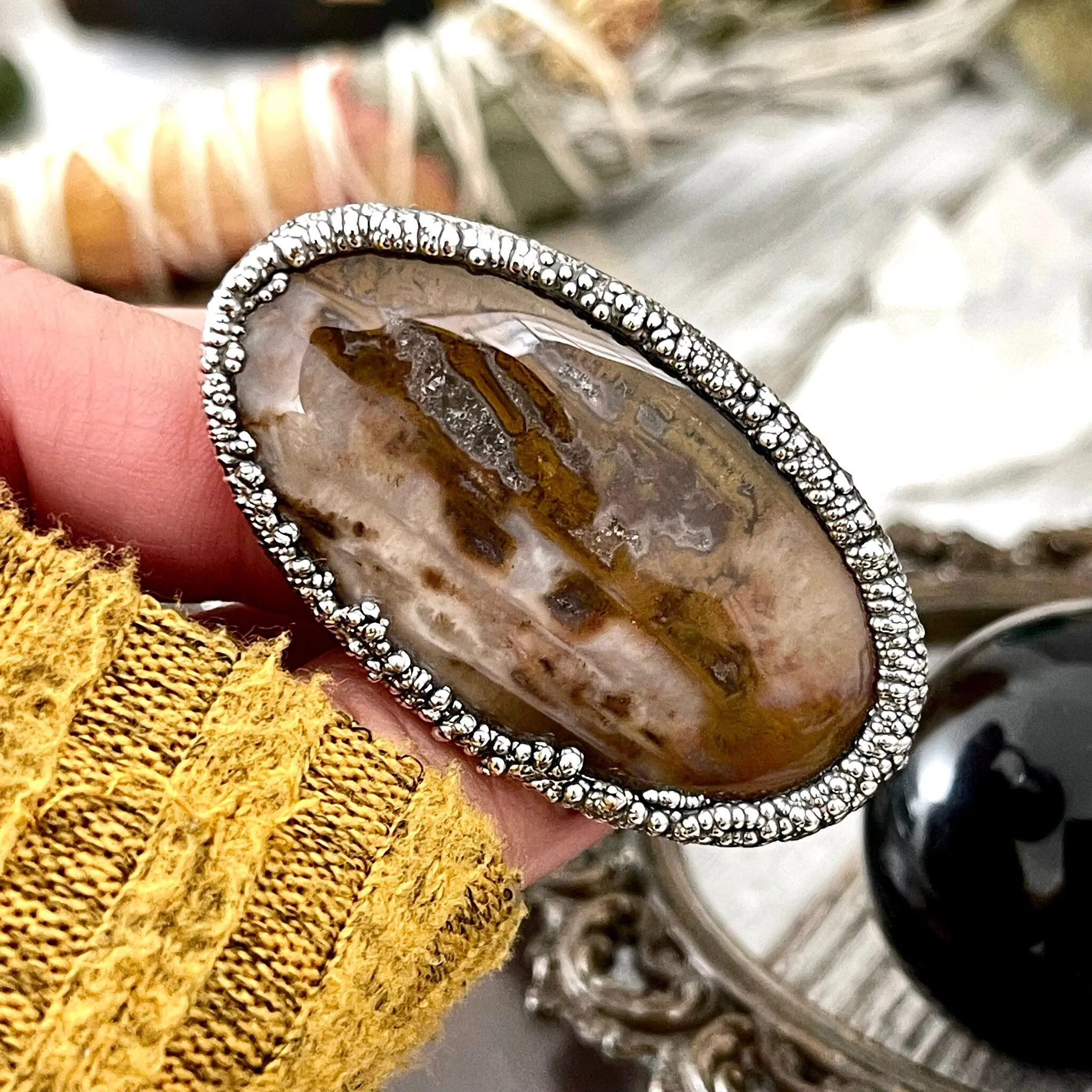 Size 9 Silver Natural Fancy Moss Agate Crystal Statement Ring / Foxlark Collection - One of a Kind