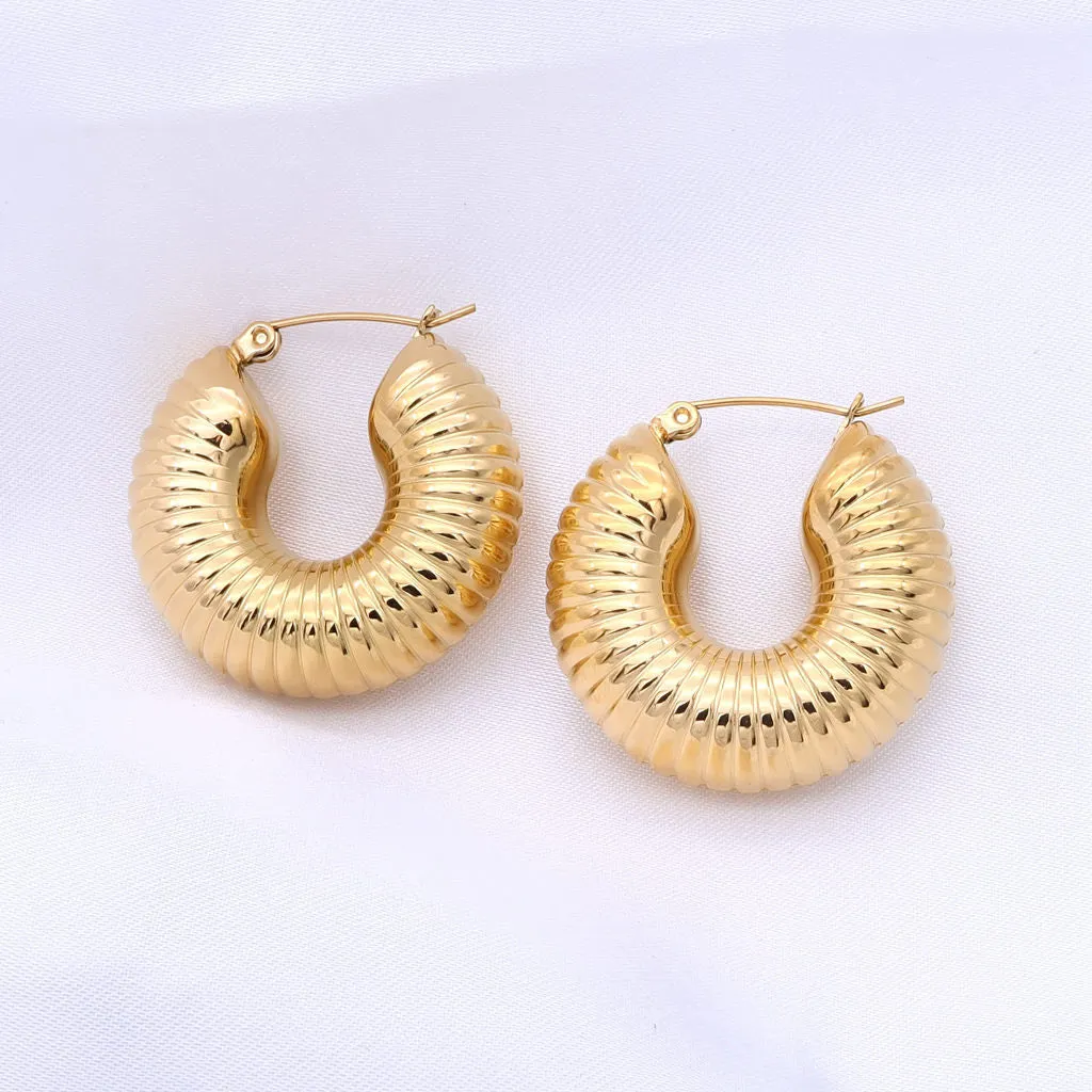 Stainless Steel Chunky Textured Hoop Earrings - Gold