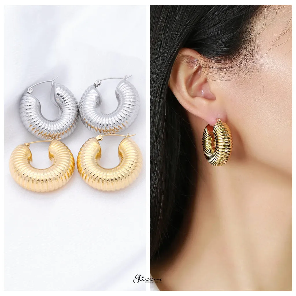 Stainless Steel Chunky Textured Hoop Earrings - Gold