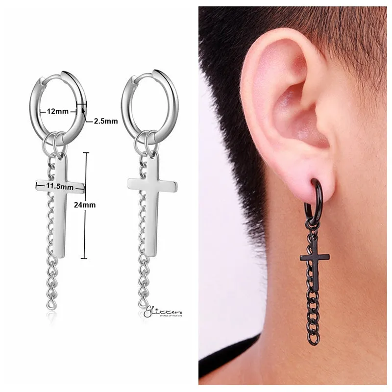 Stainless Steel Drop Cross with Chain Huggie Hoop Earrings - Black