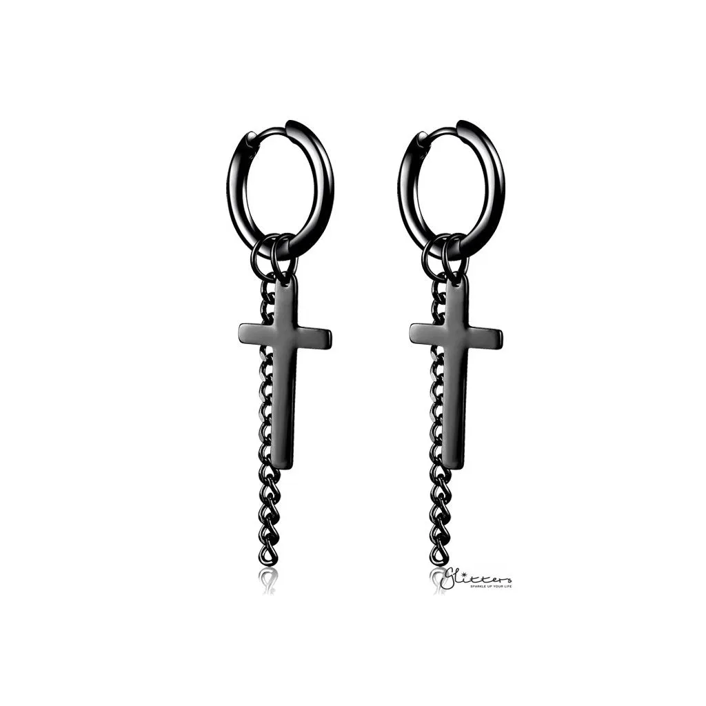 Stainless Steel Drop Cross with Chain Huggie Hoop Earrings - Black