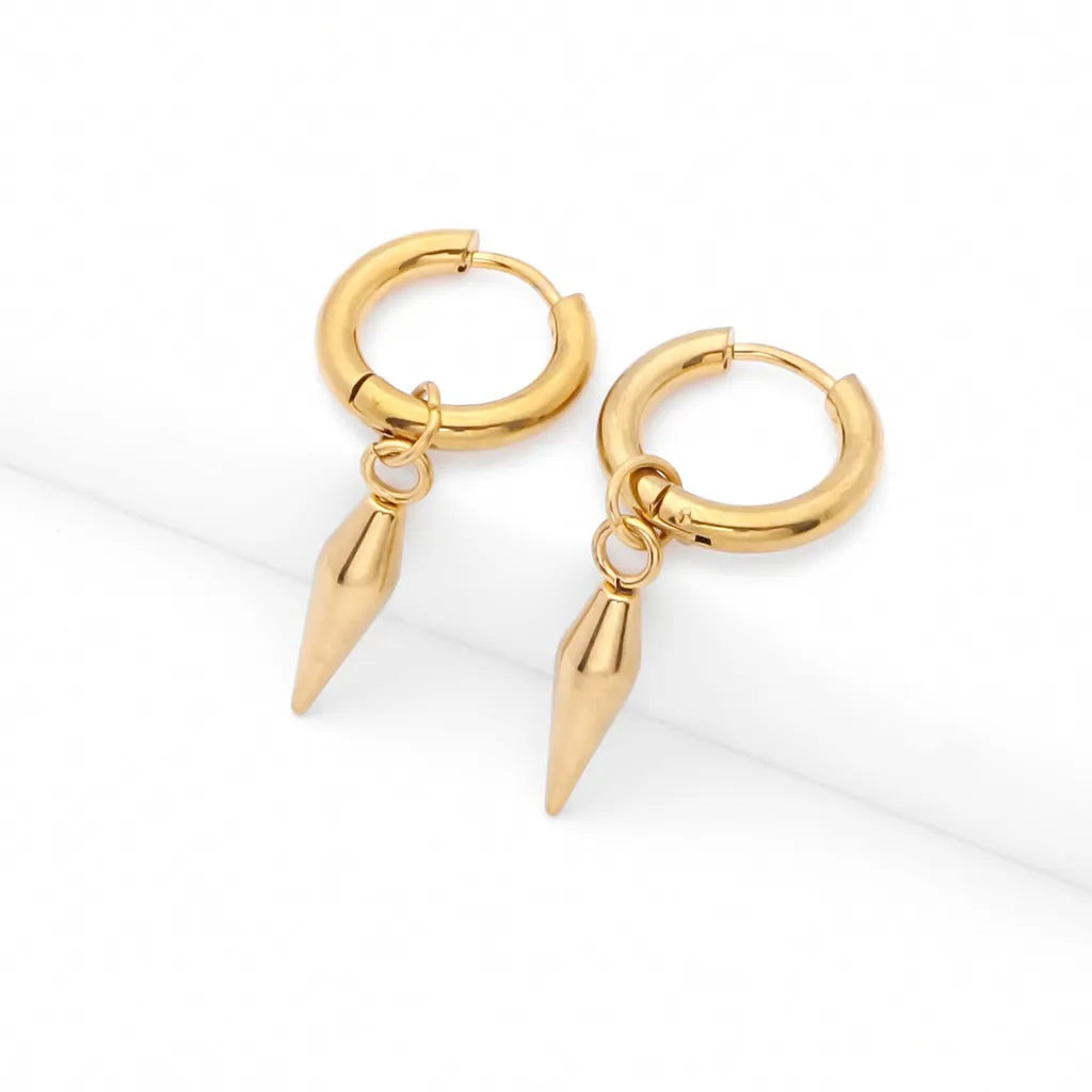 Stainless Steel Drop Spike Cone Huggie Hoop Earrings - Gold