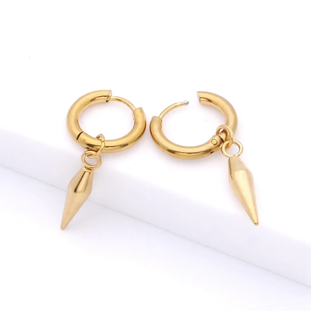 Stainless Steel Drop Spike Cone Huggie Hoop Earrings - Gold