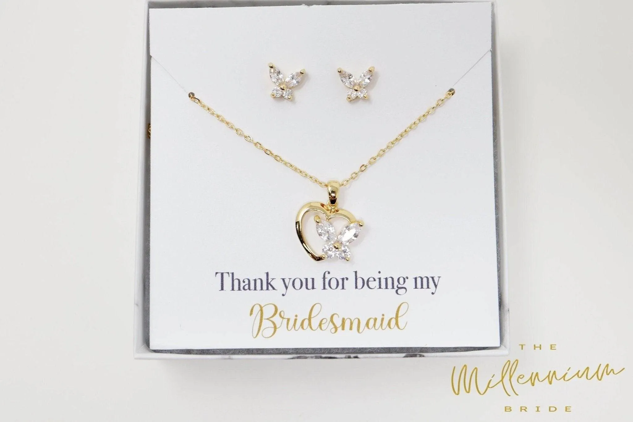 Swarovski Crystal Butterfly In A Heart Bridesmaid Jewelry, Bridesmaid Earrings And Necklace, Crystal Earrings, Maid Of Honor Gift Cz