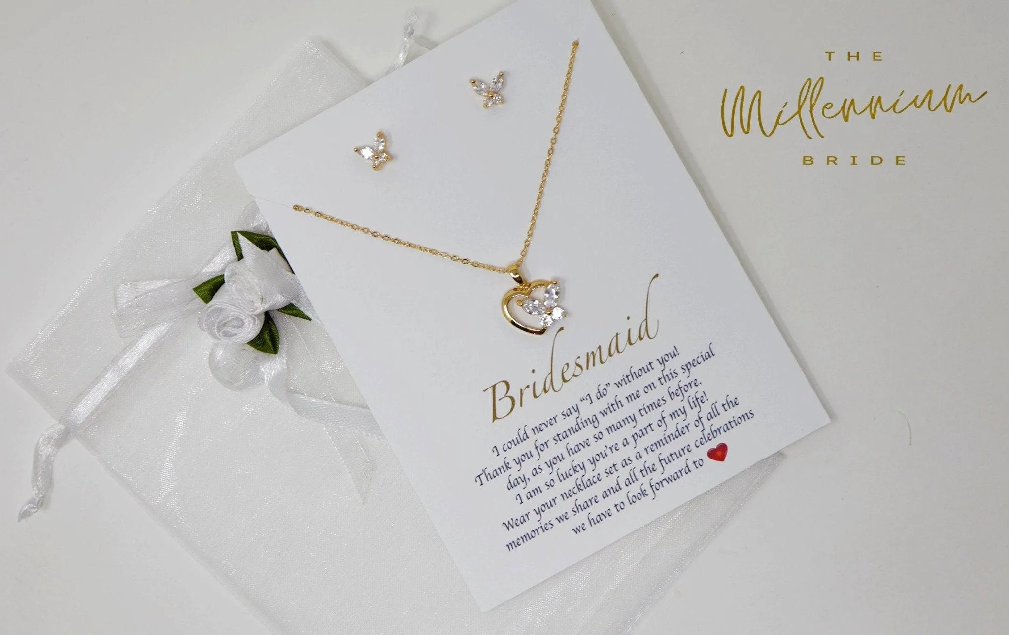 Swarovski Crystal Butterfly In A Heart Bridesmaid Jewelry, Bridesmaid Earrings And Necklace, Crystal Earrings, Maid Of Honor Gift Cz