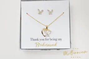 Swarovski Crystal Butterfly In A Heart Bridesmaid Jewelry, Bridesmaid Earrings And Necklace, Crystal Earrings, Maid Of Honor Gift Cz