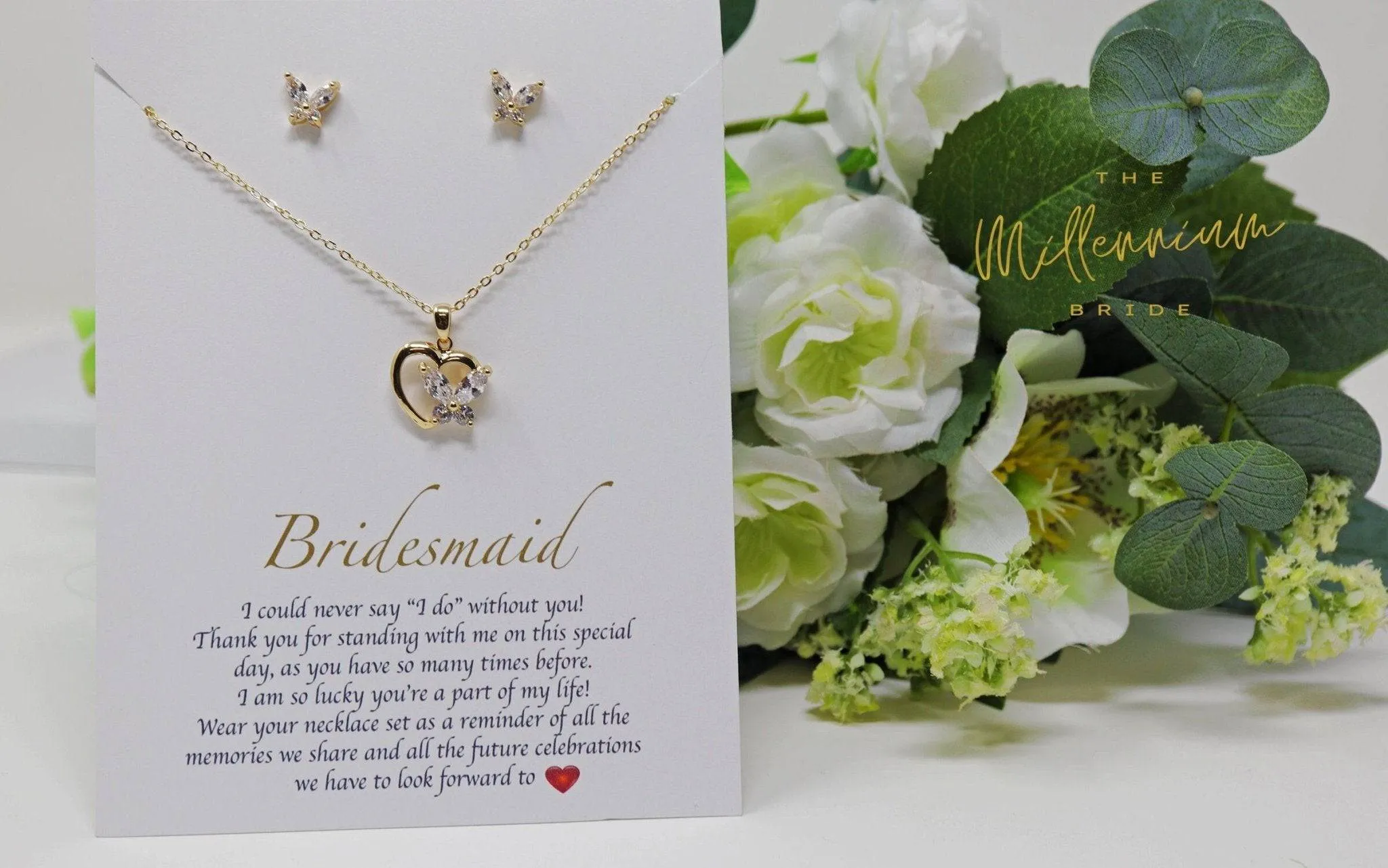 Swarovski Crystal Butterfly In A Heart Bridesmaid Jewelry, Bridesmaid Earrings And Necklace, Crystal Earrings, Maid Of Honor Gift Cz