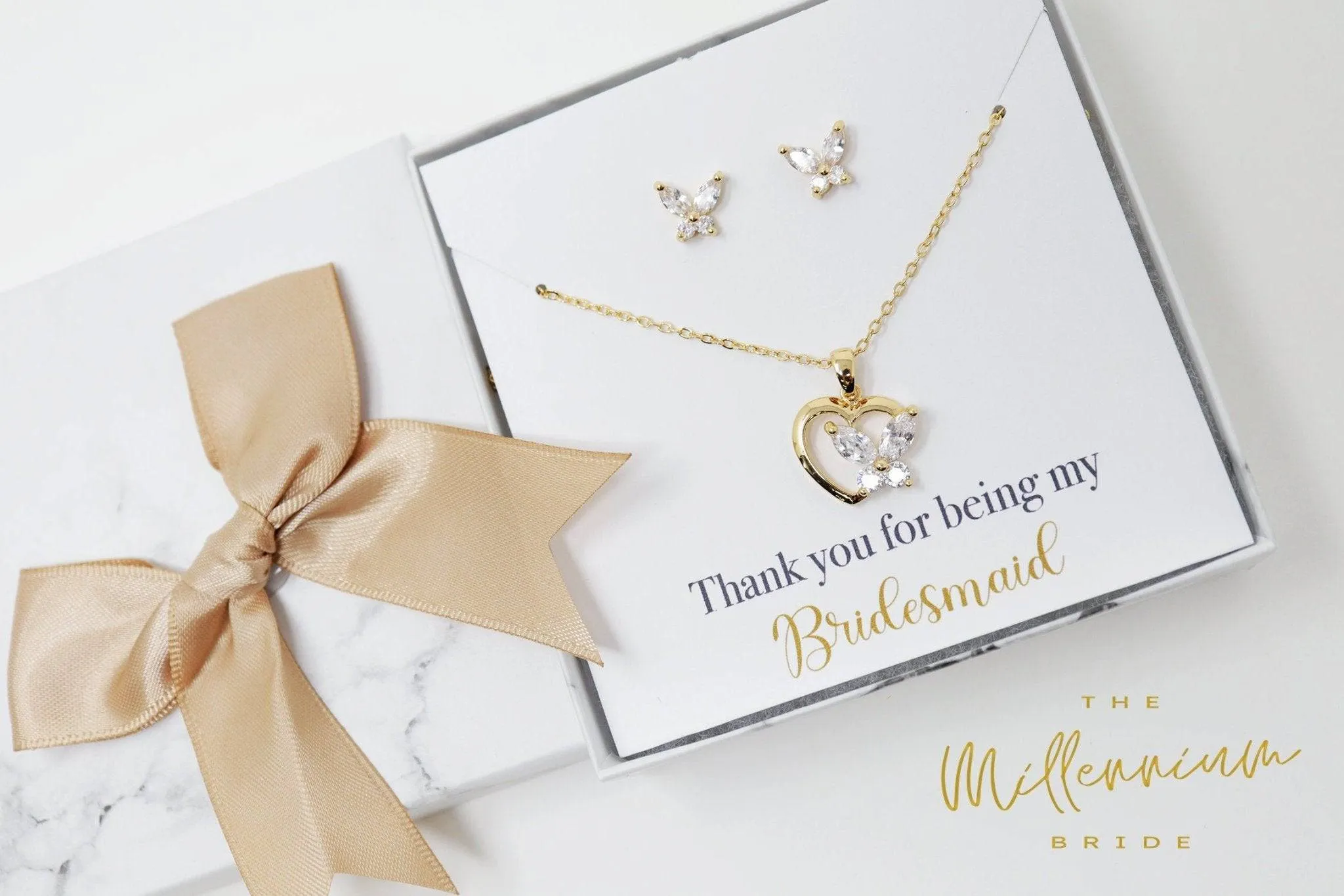 Swarovski Crystal Butterfly In A Heart Bridesmaid Jewelry, Bridesmaid Earrings And Necklace, Crystal Earrings, Maid Of Honor Gift Cz