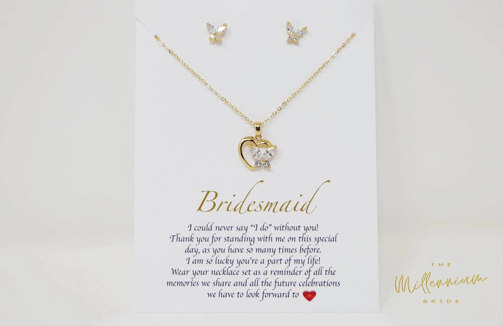 Swarovski Crystal Butterfly In A Heart Bridesmaid Jewelry, Bridesmaid Earrings And Necklace, Crystal Earrings, Maid Of Honor Gift Cz