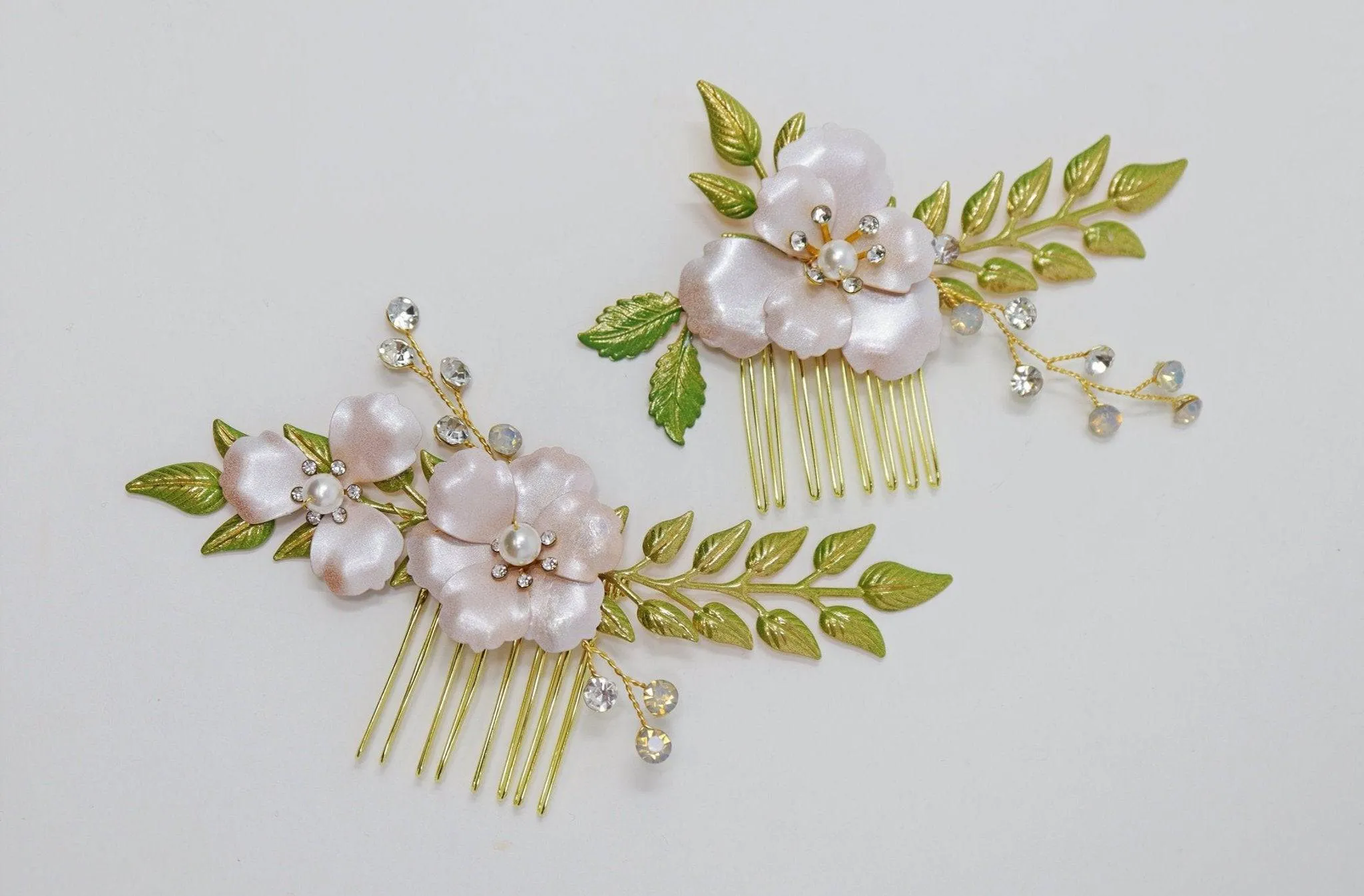 Swarovski Crystals, Pearls, Rhinestones Pink Flower With Green Leaves Bridal Hair piece, Bridal Hair Accessories, Hair Comb