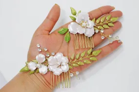 Swarovski Crystals, Pearls, Rhinestones Pink Flower With Green Leaves Bridal Hair piece, Bridal Hair Accessories, Hair Comb