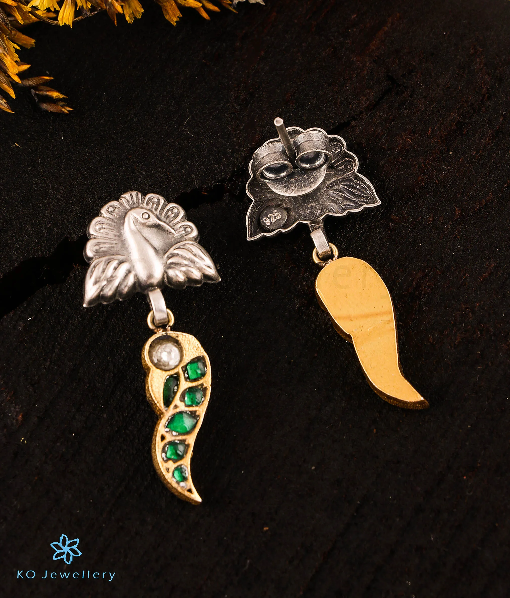 The Parijata Silver Peacock Kundan Earrings (Green)