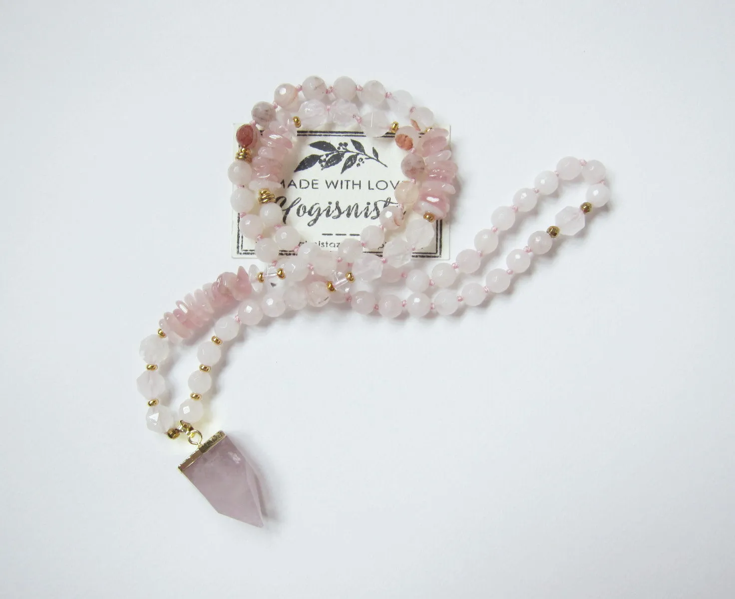 The Pink Goddess Mala Necklace in Rose Quartz Pendant