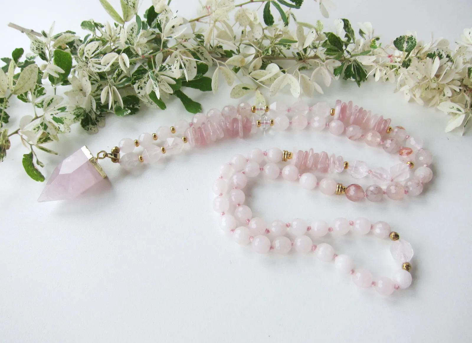 The Pink Goddess Mala Necklace in Rose Quartz Pendant