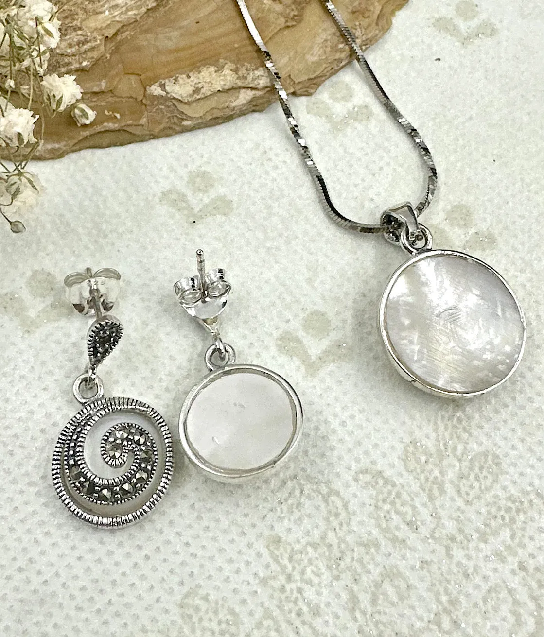 The Silver Marcasite Pendant Set (Mother of Pearl)