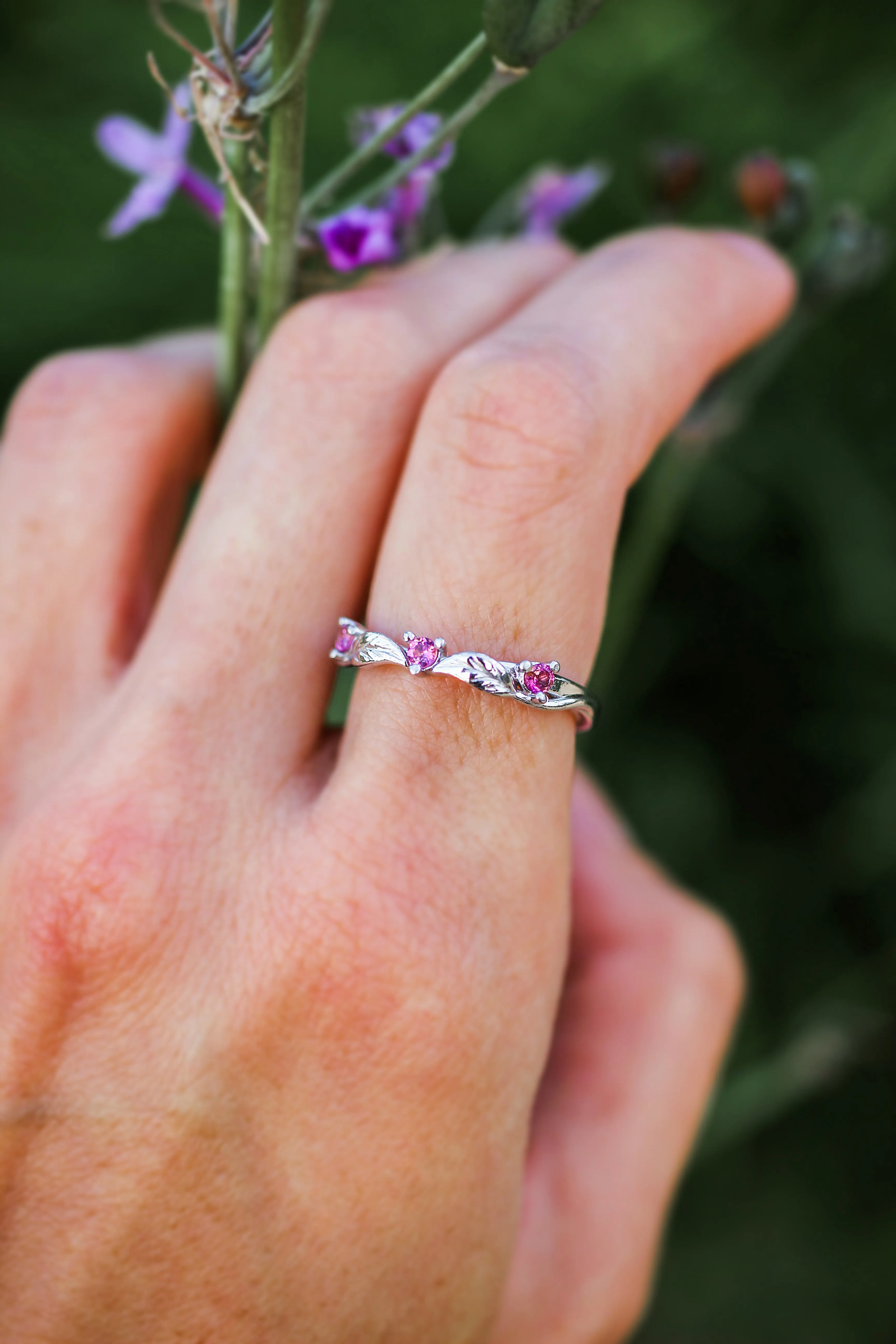 Three pink tourmalines wedding band